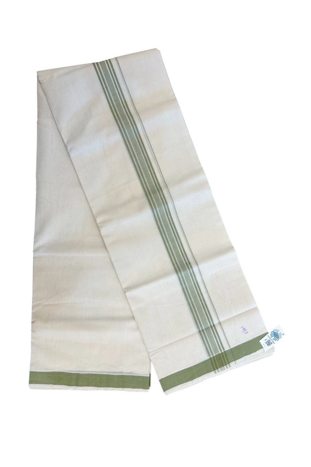25% Discount KaithariKada HANDLOOM Unakkupaav Balaramapuram - 100% PURE Cotton off white (Unbleached) Double Mundu/Dhoti - 80X90 - 1.25 inch Light Green Stripes Kara 3.80 mtr - 6KK5192ELA