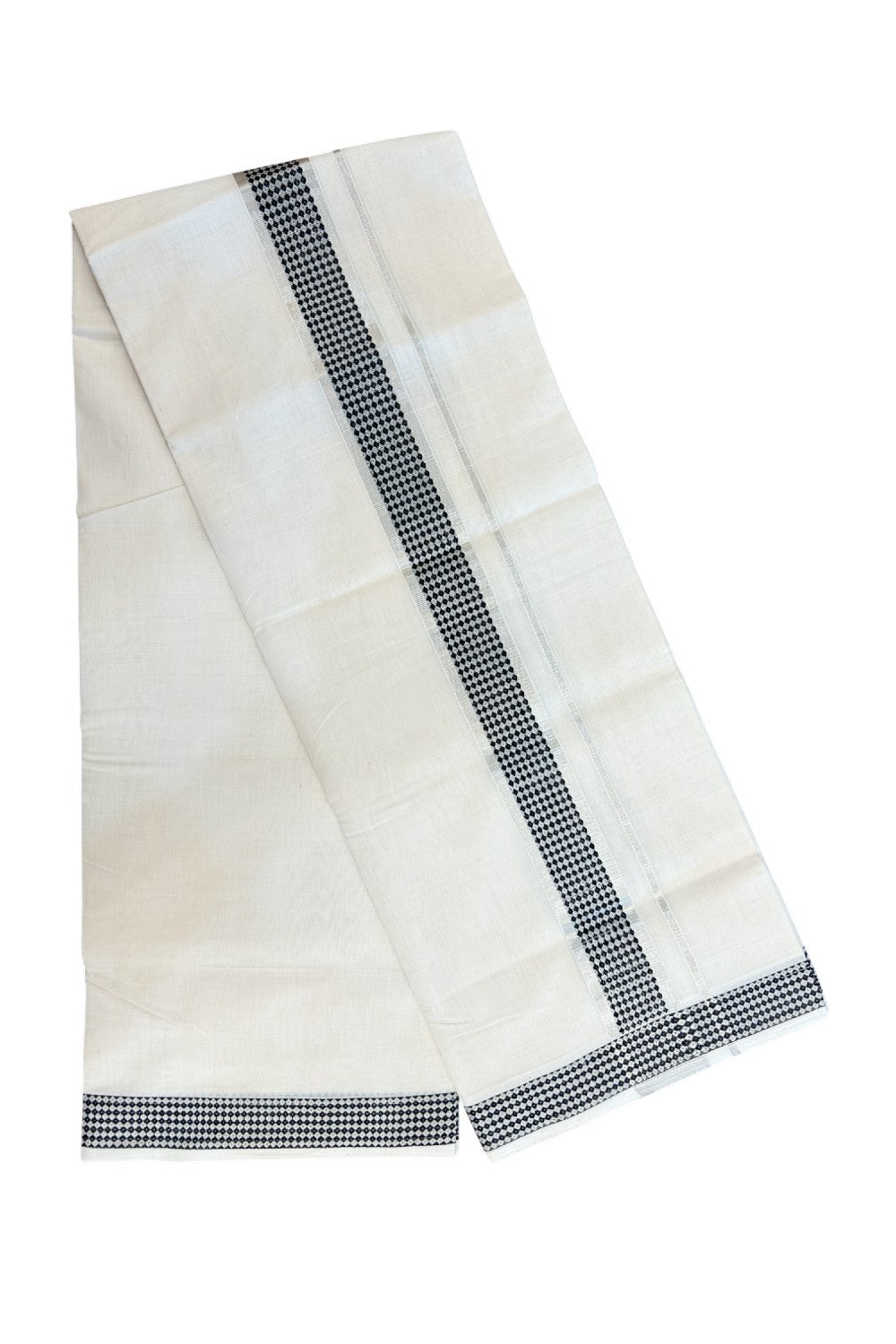 25% DISCOUNT ! KaithariKada HANDLOOM Unakkupaav Balaramapuram - 100% PURE Cotton Off White - (Unbleached) Double Mundu/Dhoti - 2 inch Silver Kasavu & Black Jacquard Design Kara - 6KK5206 ABH