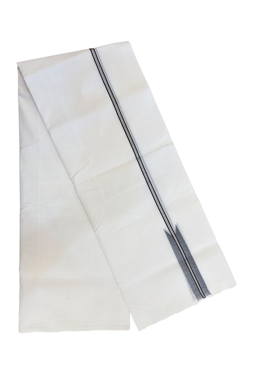 25% Discount!! NEW ULTRA PURE WHITE HANDLOOM Balaramapuram - 100% Mercerised Cotton Double Mundu/Dhoti - 120 twisted warp x 80s weft - 1.25 inch Puliyilakkara Silver Kasavu & Black Striped Chutty Kara- 6KK5209 REA