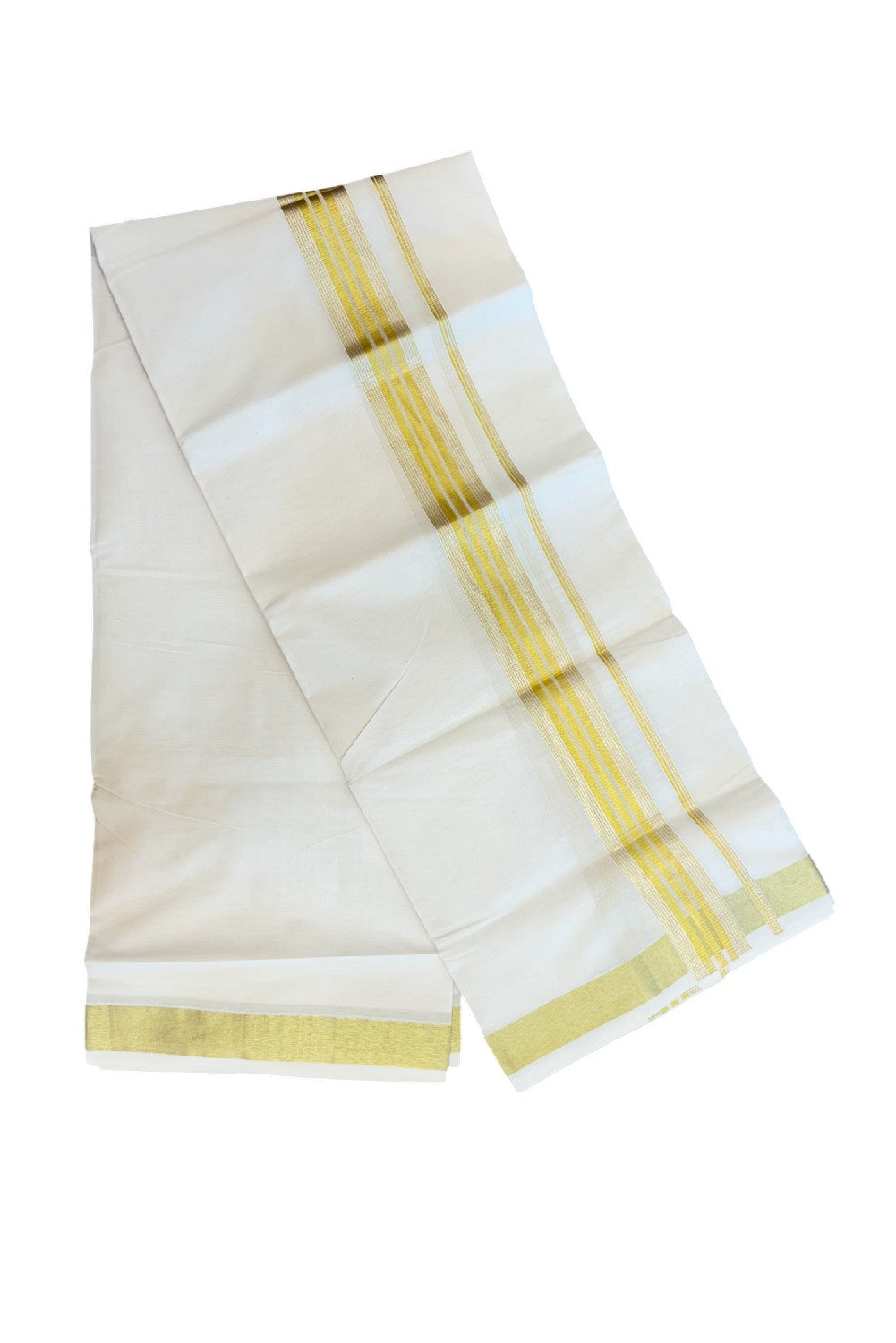 20% DISCOUNT ! KaithariKada Balaramapuram - 100% PURE Cotton Off White - (Unbleached) Double Mundu/Dhoti - 100X80 - 1.75 inch Gold Kasavu & Silver Kasavu Striped Kara - 6KK5212 VIN