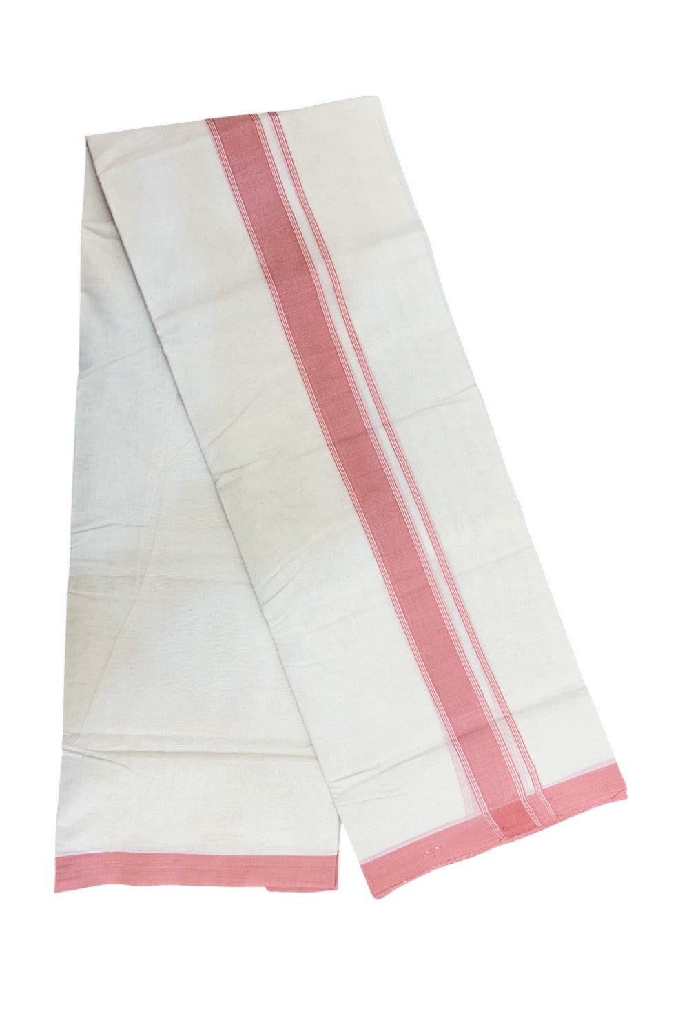 NEW !! 20% DISCOUNT!! KaithariKada Balaramapuram 100% Cotton Double Off white - (Unbleached) Mundu/Dhoti-100x80 - 1.5 inch Rose Pink Shaded Striped KARA - 3.75 mtr (8 Muzham) - 6KK5218 ASH