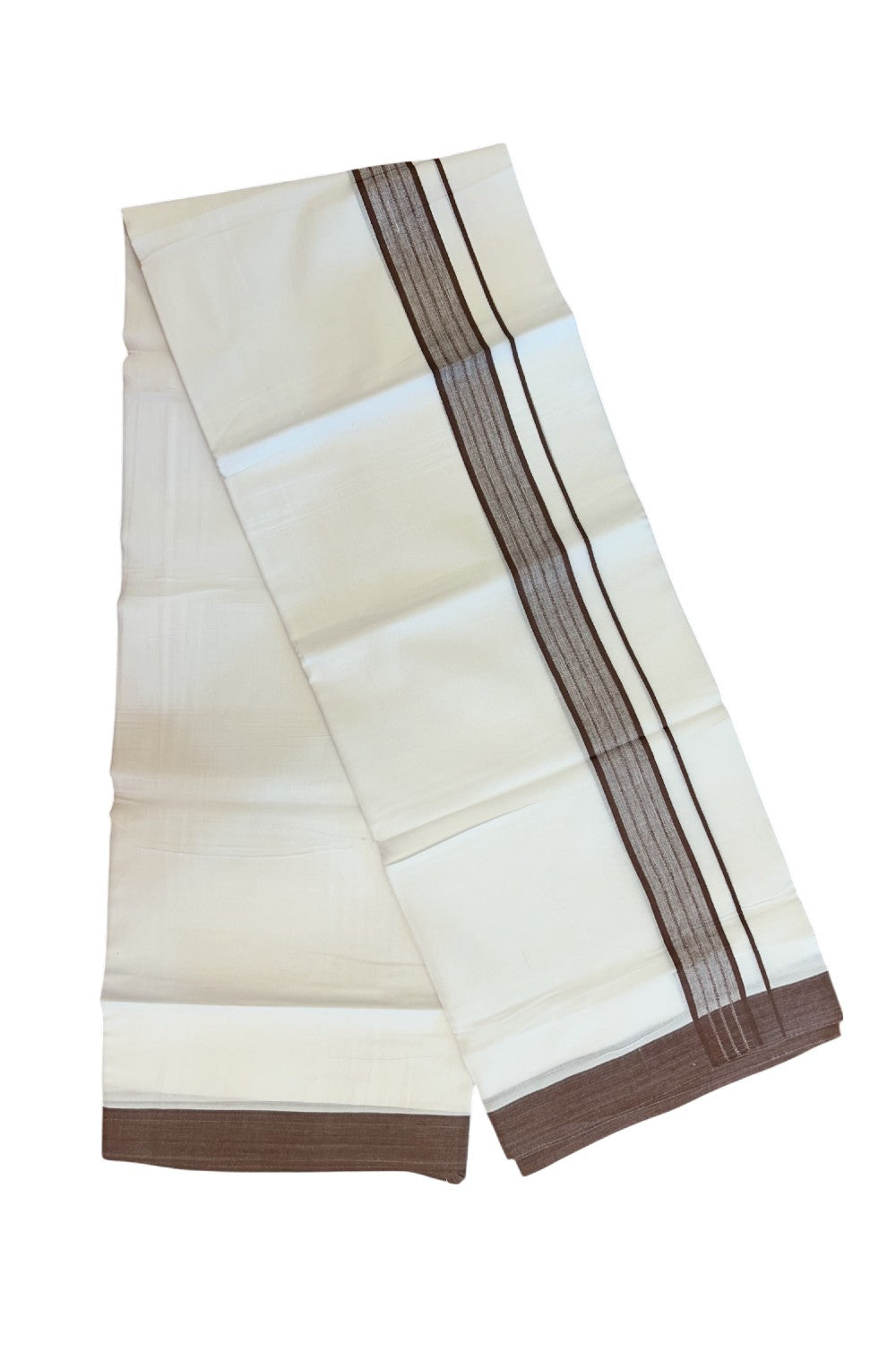 20% DISCOUNT!!! KaithariKada Balaramapuram 100% Cotton DOUBLE PURE WHITE Mundu/Dhoti - 100X80 - 1.75 Inch Deep Brown Shaded Stripes kara 3.75 mtr (8 muzham) - 6KK5220 THI