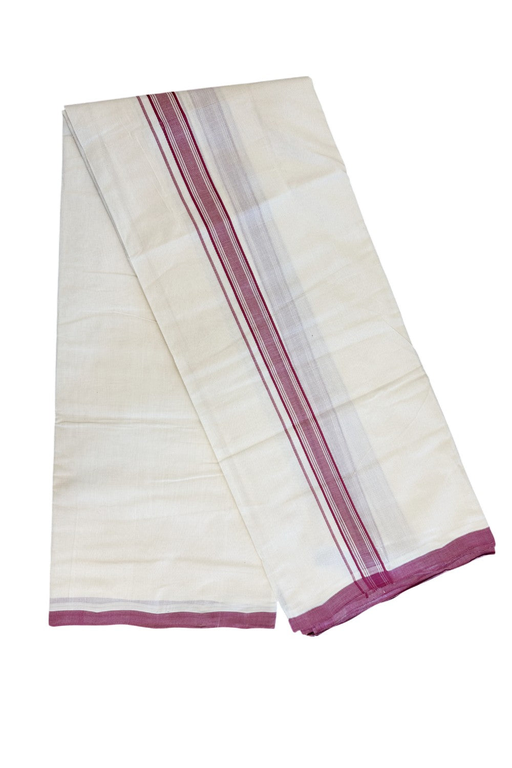 PREMIUM HANDLOOM-20% DISCOUNT! KaithariKada Cotton OFF White - 100x80 thread- NORTH INDIAN ATTACHED GAMCHA - 9X5 & 10X6 muzham Dhoti - 1.5 inch Pink Maroon Border - 6KK5223VEL