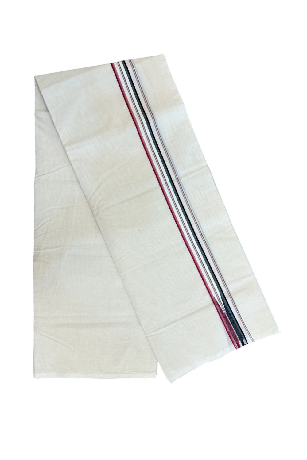 ADMK VESHTI 20% Discount !! KaithariKada Balaramapuram Double Off white - (Unbleached) Mundu/Dhoti - 100X100 - 1 inch Puliyilakkara Maroon & Black Striped Chutty Kara- 6KK5226 ASH