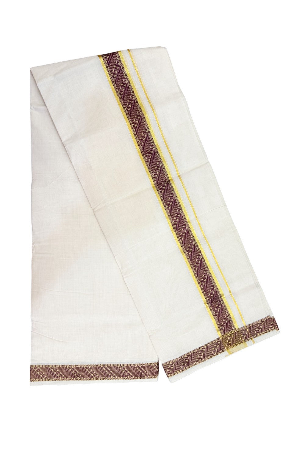 25% DISCOUNT ! KaithariKada HANDLOOM Unakkupaav Balaramapuram - 100% PURE Cotton OFF WHITE - (Unbleached) Double Mundu/Dhoti - 80x90 - 1.75 inch Gold Kasavu & Wine Purple Jacquard Design Kara 4 mtr (8.5 Muzham) - 5KK5231 ABH