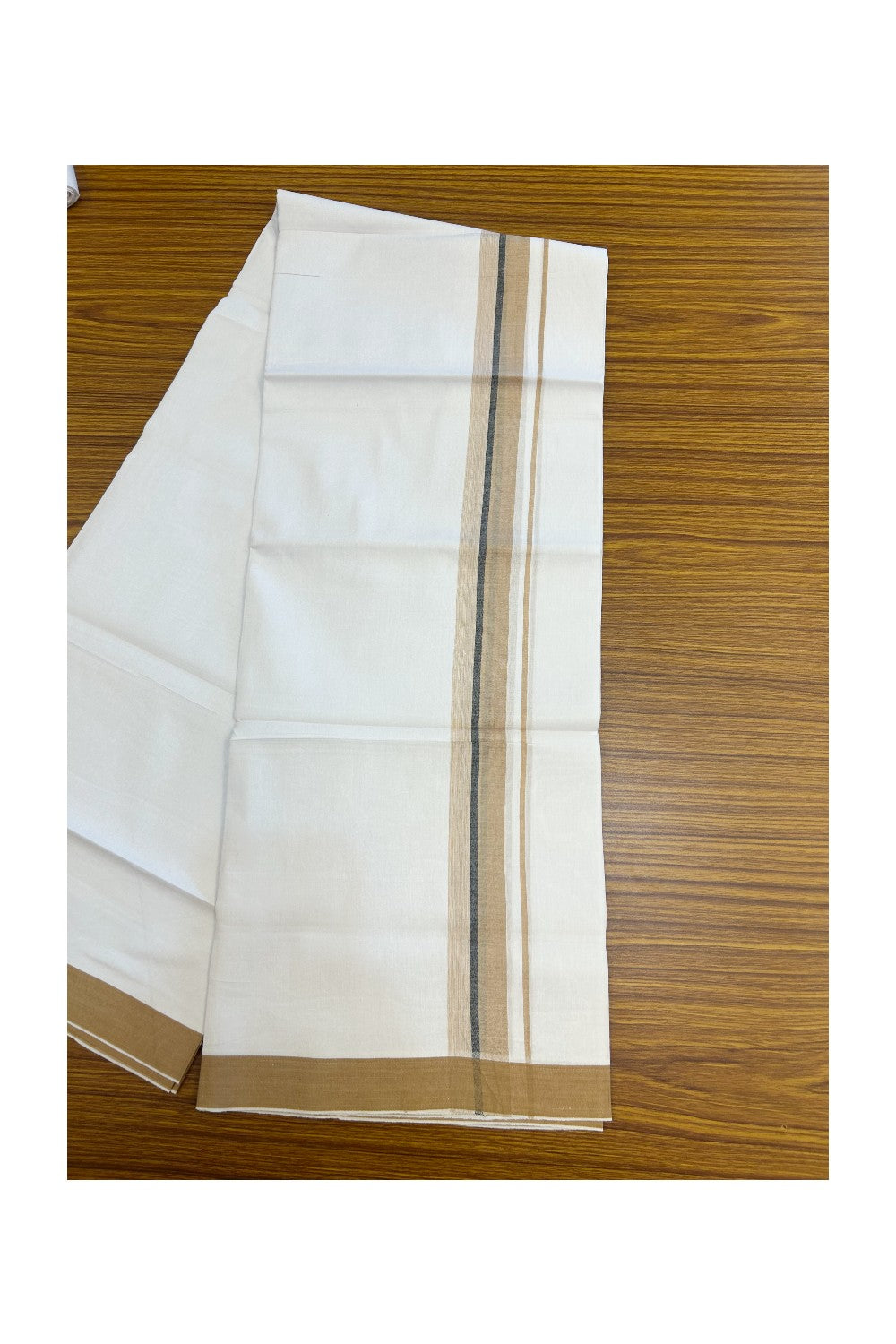 24 % Discount !! KaithariKada Balaramapuram 100% Cotton Pure white Single Mundu/Dhoti - Twisted 60s Thread- 1.25 inch Sand Brown & Black Shaded Kara (2 meter / 4 muzham) - 6KK5241 GL
