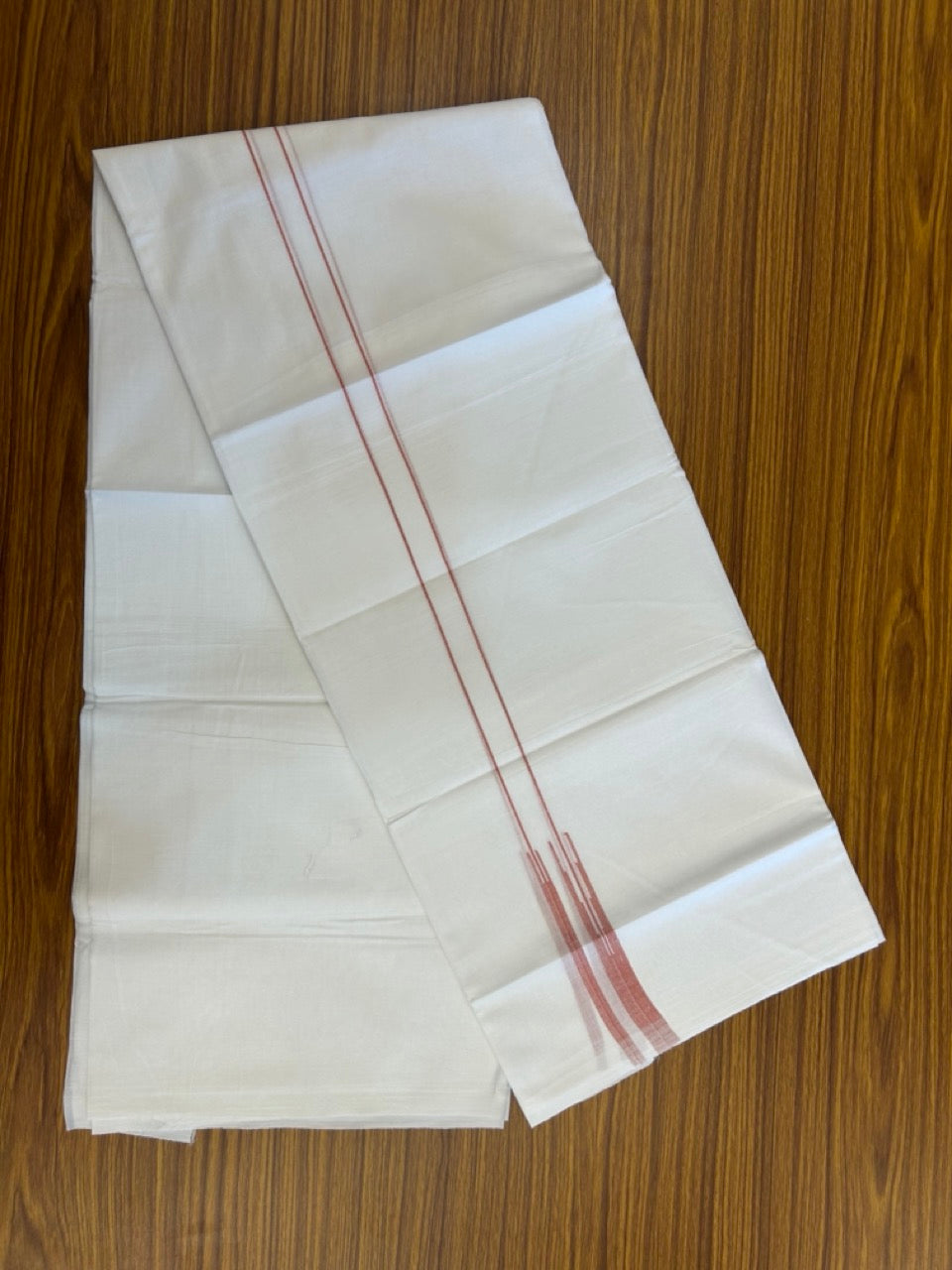 20% DISCOUNT!! NEW!! KaithariKada Balaramapuram 100% Cotton PURE WHITE Double Mundu/Dhoti - (100x80)s - 0.75 inch Brick Red Line chutty - 6 KK5249 VIN