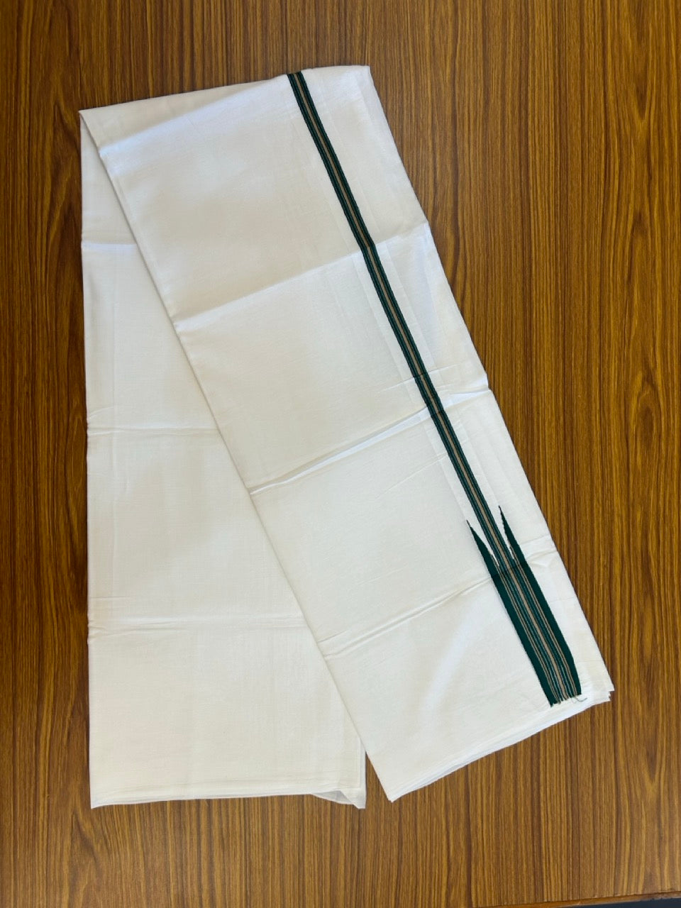 37% Discount ! NEW! KaithariKada Balaramapuram 100% Cotton Pure white Double Mundu/Dhoti - (100x80)s - Heavy Chutty Dark Green Sand Brown Stripes - 6 KK5252 CKS