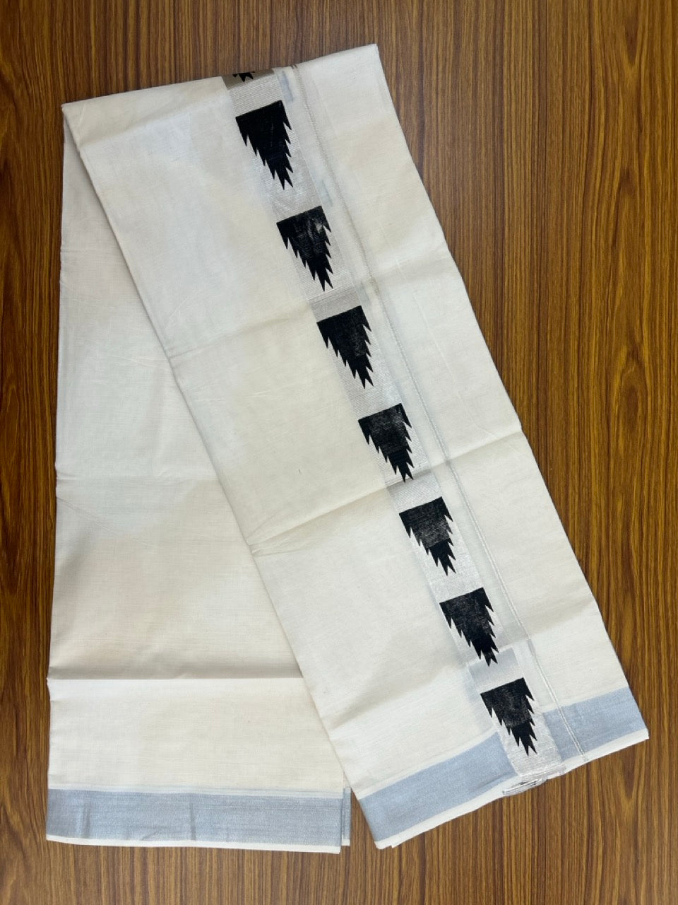 KaithariKada 100% Cotton Double 4 meter Off white - (Ubleached) Mundu / Dhoti - 100x80 1.5 inch Silver Kasavu & Black Temple Printed - 6 KK5262 MUT
