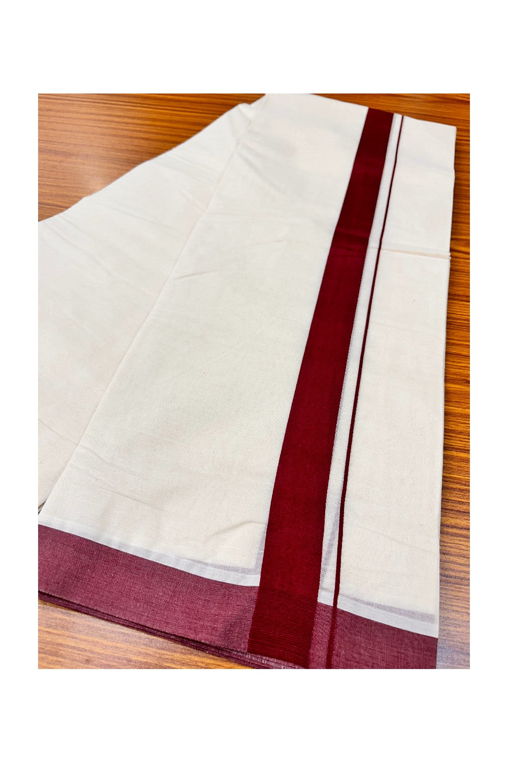 10% DISCOUNT ! KaithariKada Balaramapuram 100% Cotton Double Off white - (Unbleached) Mundu/Dhoti-100X100- MAROON 1.75 inch Kara.- 6.