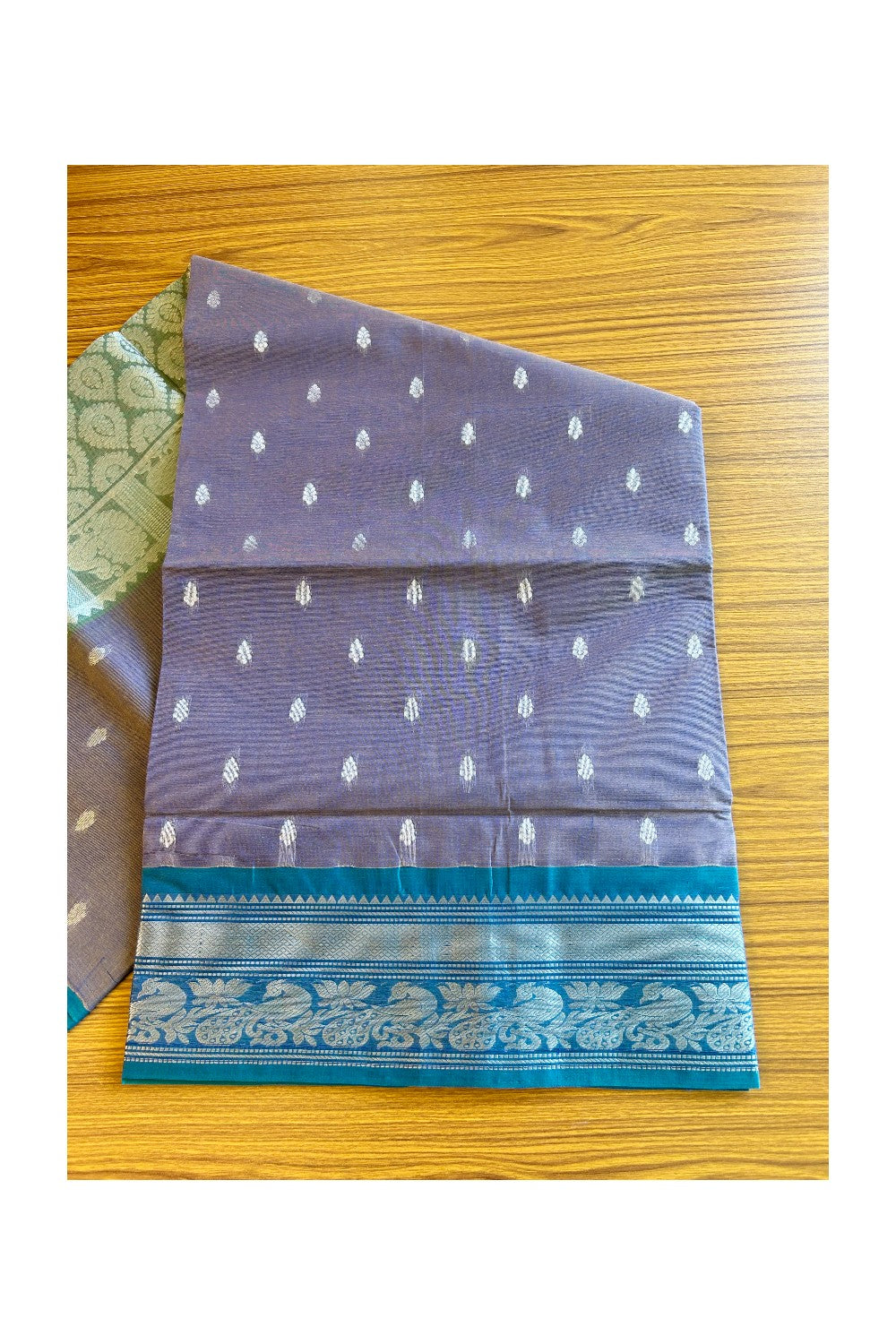 KaithariKada- Balaramapuram Saree - 100% PURE Cotton Silk -Violet Yellow Shade & Green Design -6KK1005PAN.