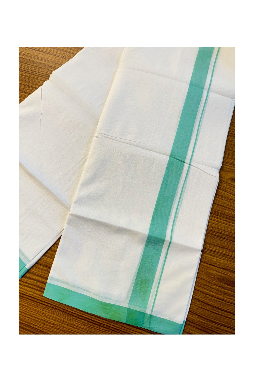 25% Discount! KaithariKada Balaramapuram Handloom 100% Millpaav Cotton Double Mundu/Dhoti Pure white - 100x100 Aqua Green Mulloth Border 3.70m (8 Muzham) - 6KK404RAM