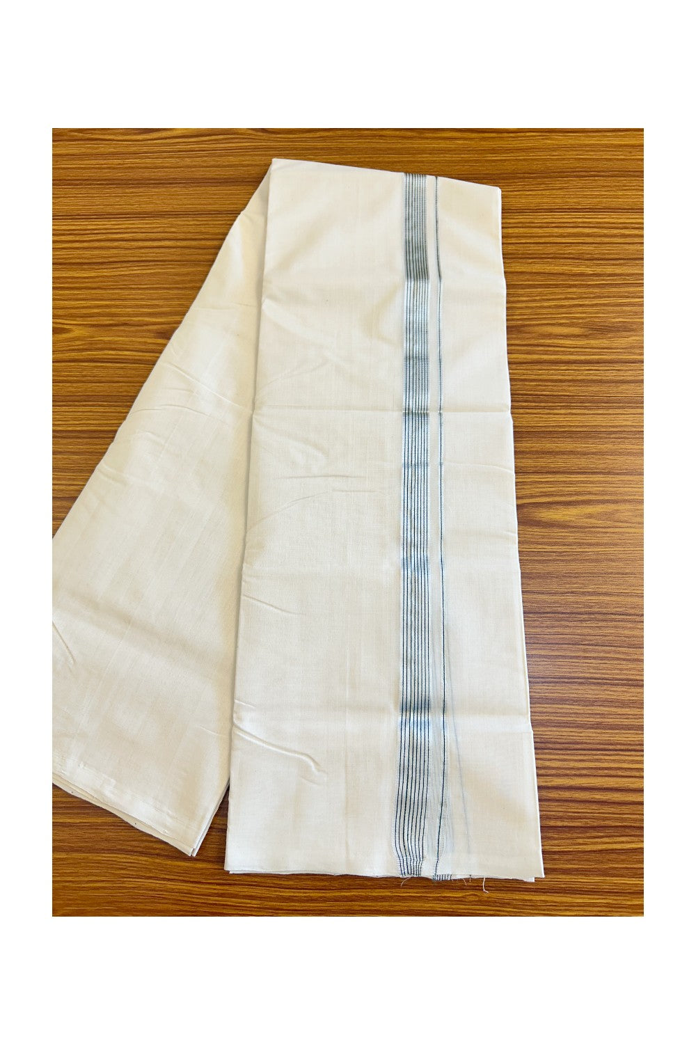 30% DISCOUNT!! KaithariKada HANDLOOM Millpaav Balaramapuram - 100% PURE Cotton OFF White (Unbleached) Double Mundu/Dothi - Dark green & Silver kasavu Striped kara 1.5 inch (8.30 Muzham) - 6KK458SOM