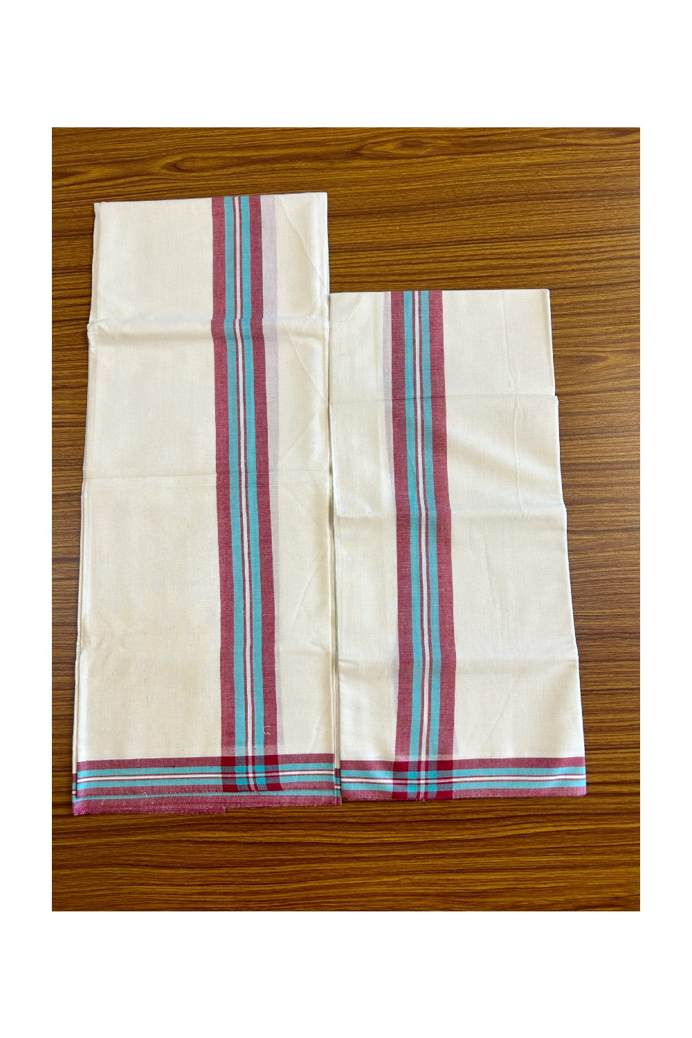 15% Discount!! KaithariKada - Kerala Cotton Single Set Mundu - EXTRA LENGTH -Turquoise & Red Stripes Mulloth Kara- 6KK472CKA