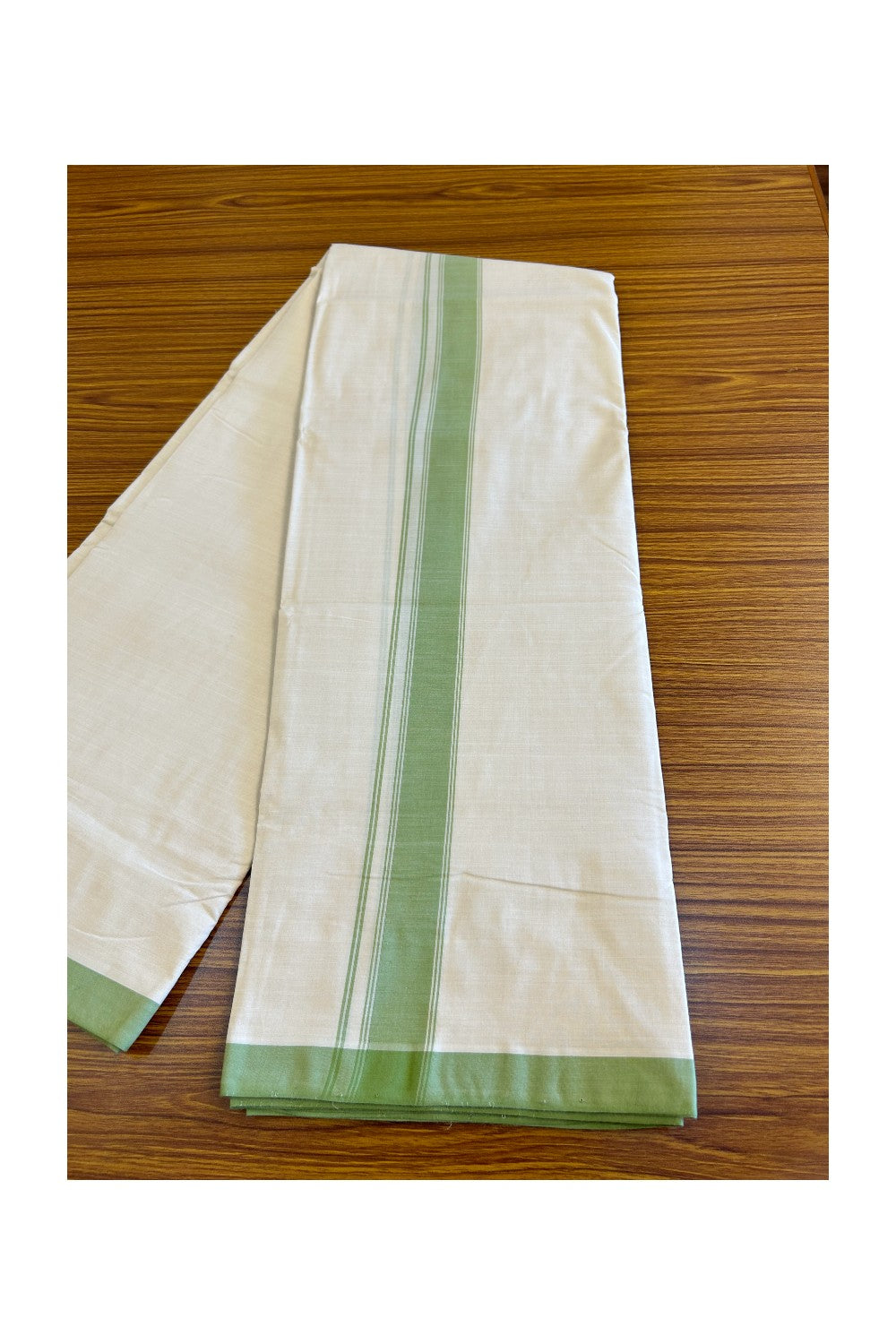 120X120 PREMIUM Kaitharikada Exclusive -25% DISCOUNT! BALARAMAPURAM HANDLOOM Unakkupaavu - 100% PURE Cotton Double Mundu/Dhoti OFF WHITE (Unbleached) - 2 inch Light Green Striped Kara - 6KK477KAL