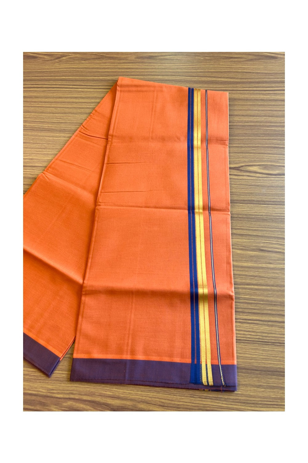 Kaitharikada Soft Cotton - Kaily / Lungi - 1.75 inch Navy blue & kasavu striped kara with KAAVI colour body - 6KK492RAM