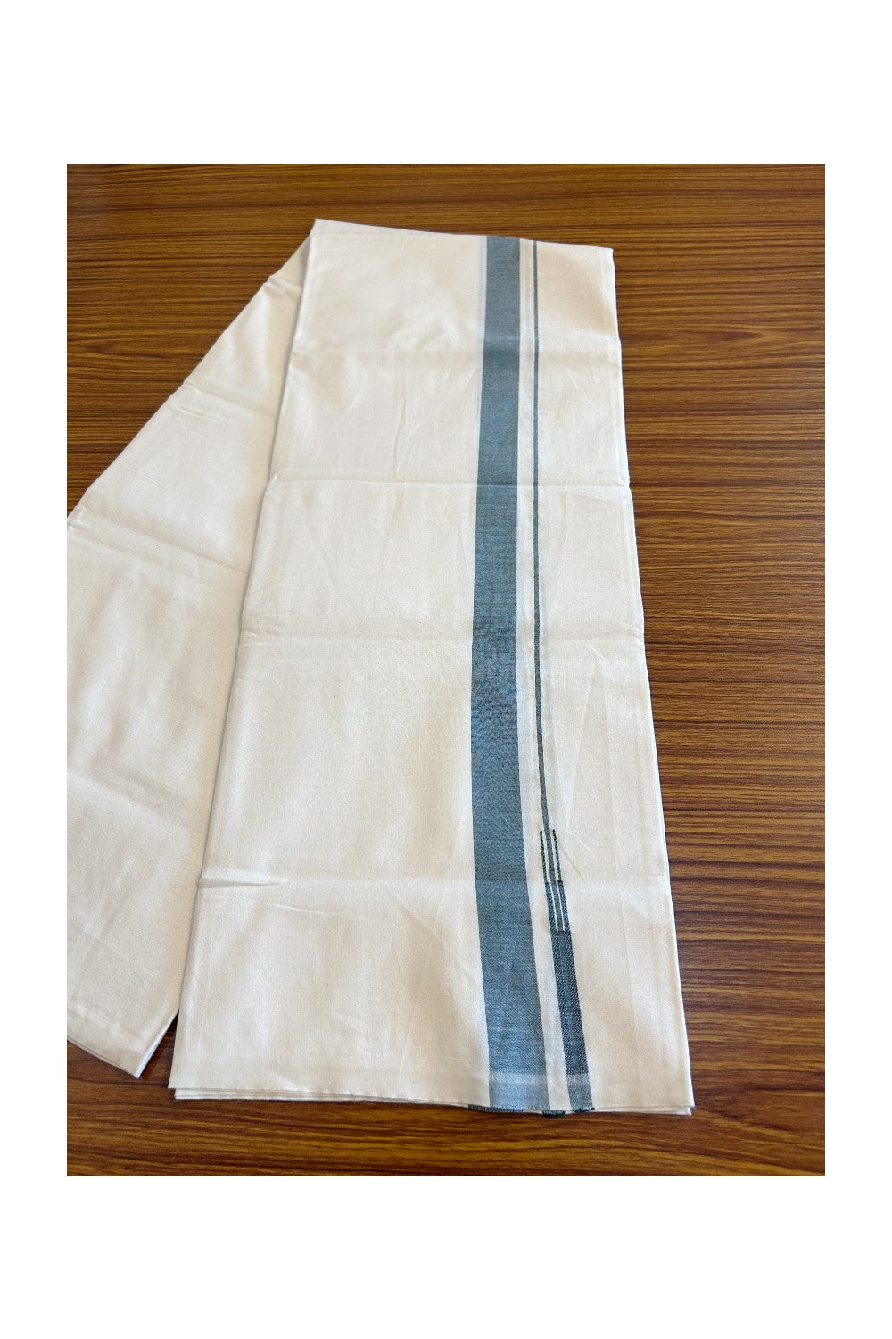 12% DISCOUNT ! KaithariKada Balaramapuram 100% COTTON SINGLE OFF WHITE - (Unbleached) Mundu/Dhoti-Twisted 100s Thread- 1.25 inch Green Puliyilakkara Chutty (2 meter / 4 muzham) - 6KK497ASH