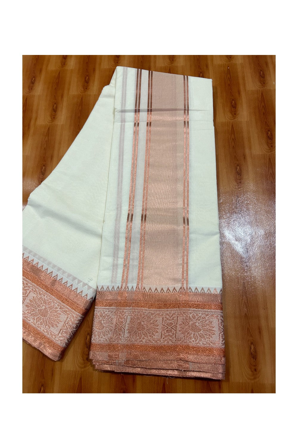 37% DISCOUNT! KaithariKada - Cotton Mix - Off White - (Unbleached) - 80x80 thread- 80% Cotton & 20% Polyester - NORTH INDIAN - ATTACHED GAMCHA 9X5 Dhoti 5 inch Copper kara with Copper Design border - 6KK5005PMC