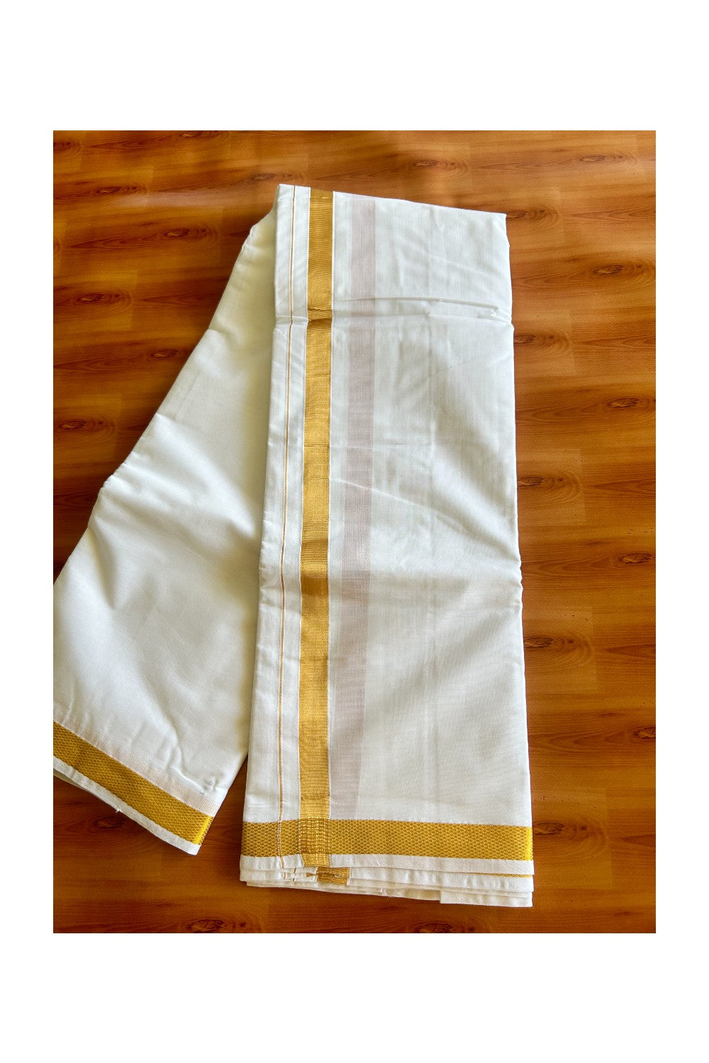 15% DISCOUNT! KaithariKada Cotton Mix - PURE White - 80x80 thread - 80% Cotton & 20% Polyester - NORTH INDIAN - ATTACHED GAMCHA 9X5 Dhoti - Gold KASAVU 1.5 inch & Border - 8KK5008PMC