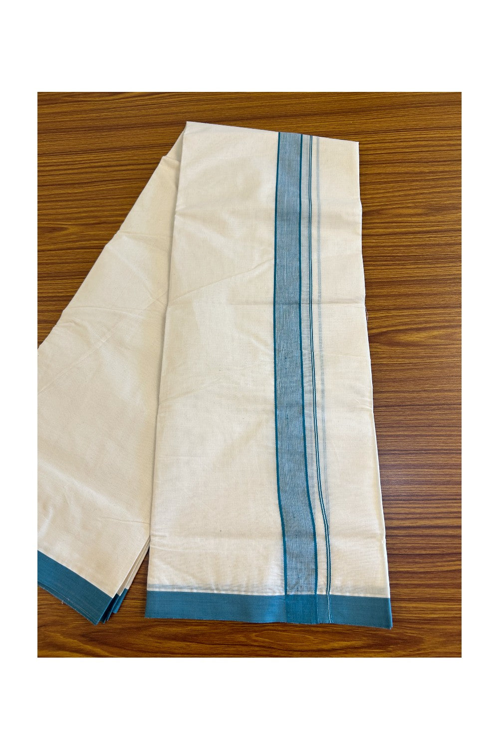 10% Discount KaithariKada Balaramapuram 100% Cotton Double Off white - (Unbleached) Mundu/Dhoti-100x100 1.85 inch Blue Green shaded Kara - 6KK500KK