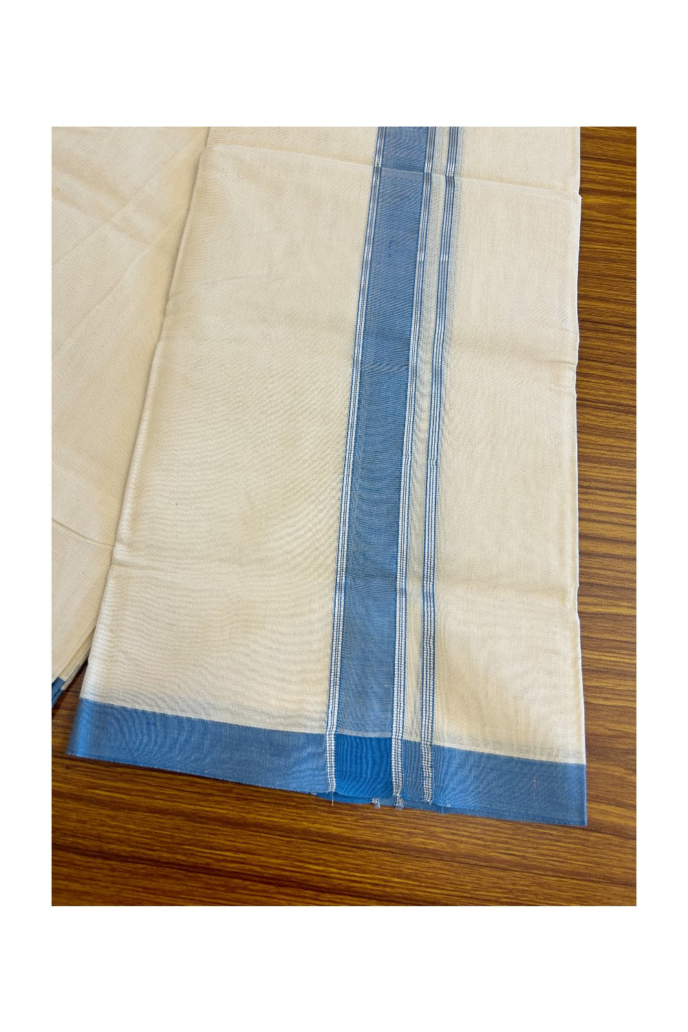 20% Discount !! KaithariKada Balaramapuram 100% Cotton Double Off white - (Unbleached) Mundu/Dhoti - 100x80 - 2 inch Silver Kasavu & Blue Striped Kara 3.70 mtrs (8 Muzham) - 6KK5045ASH