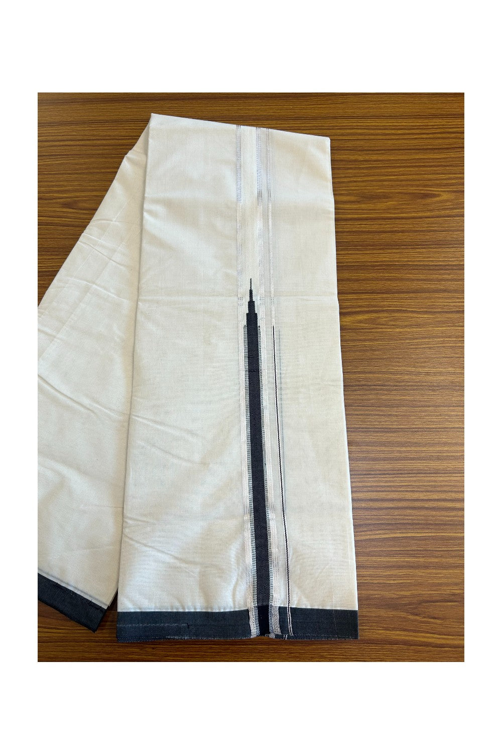 19% Discount !! KaithariKada Balaramapuram 100% Cotton Double Off White - (Unbleached) Mundu/Dhoti-100x100 1.25 inch Heavy Chutty Silver Kasavu & Black kara - 6KK5055ASH