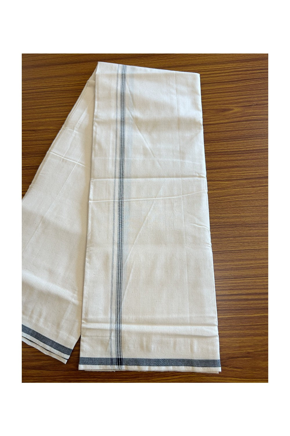 25% Discount ! KaithariKada 100% Cotton Balaramapuram HANDLOOM Single Mundu/Dhoti - Off White (Unbleached) 1.Inch (2 meter / 4 muzham) Black Stripes - 9KK32KAI
