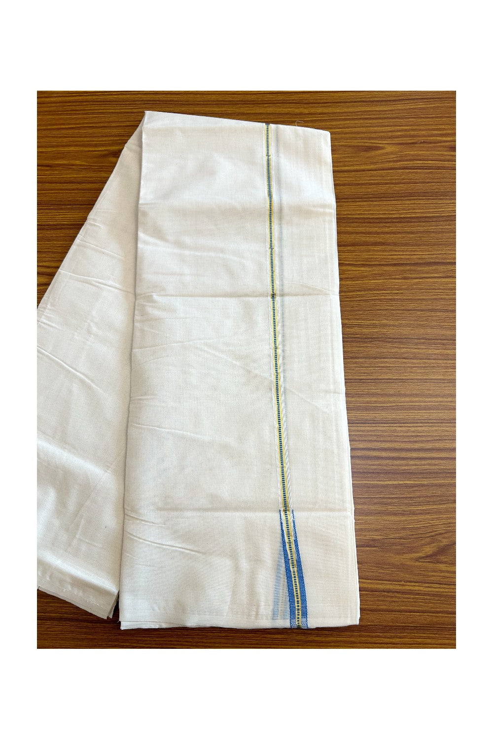 25% DISCOUNT! KaithariKada Balaramapuram 100% Cotton Double Off white (Unbleached) Mundu/Dhoti-100x100 1.5 cm Chutty Puliyilakkara Muthukuri Kasavu & Sky Blue Kara- 8KK417ASH