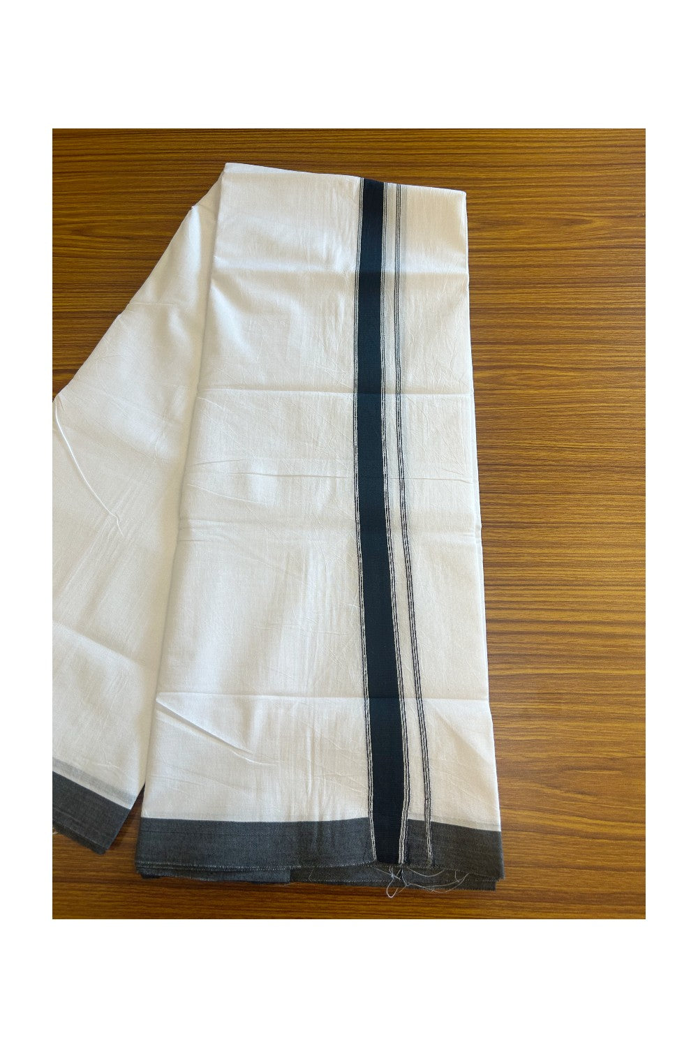 22% Discount ! KaithariKada Balaramapuram 100% Cotton Double PURE WHITE - Mundu/Dhoti- 100x100 - 1.75 inch BLACK Side Stripes Kara.- 5KK5127ASH