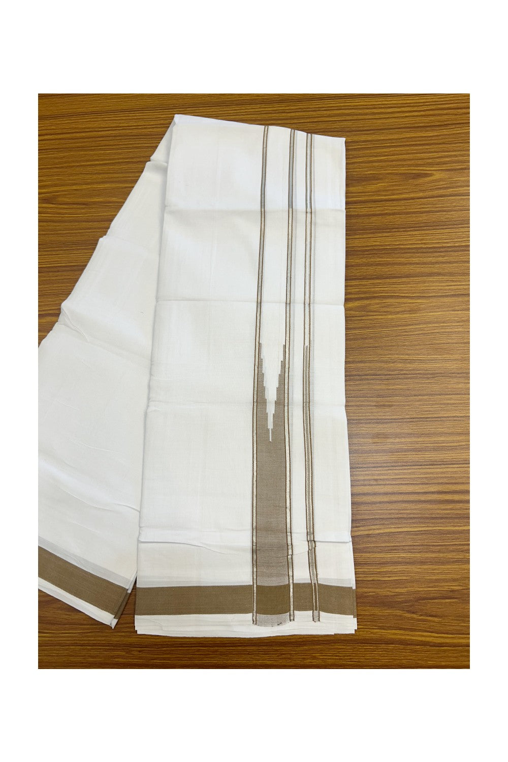 25% DISCOUNT! KaithariKada Balaramapuram 100% Mercerised Cotton Double ULTRA PURE white Mundu/Dhoti - 120x120 - 1.75 inch Heavy Chutty Silver Kasavu & Peanut Brown Shaded Kara - 6KK5139THI