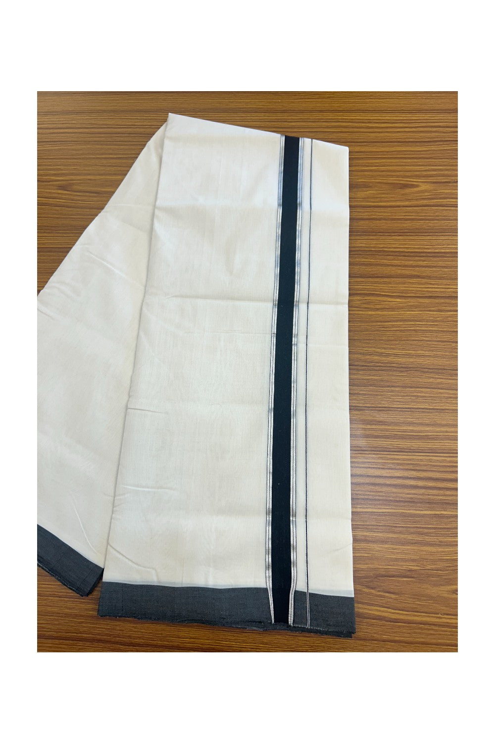 25% DISCOUNT!! KaithariKada HANDLOOM UNAKKUPAAV Balaramapuram - 100% PURE Cotton OFF White Double - (Unbleached)- Mundu/Dothi - 1.5 inch Silver Kasavu & Black Kara 4.5 Meters (10 Muzham) - 6KK5160REA