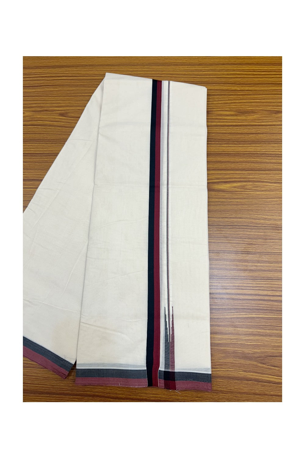 DMK Veshti - 23% DISCOUNT! KaithariKada 100% Cotton off white Double - (Unbleached) Mundu/Dhoti - 100X100 - 1 inch Puliyilakkara Black & Maroon Chutty kara - 6KK5165ASH