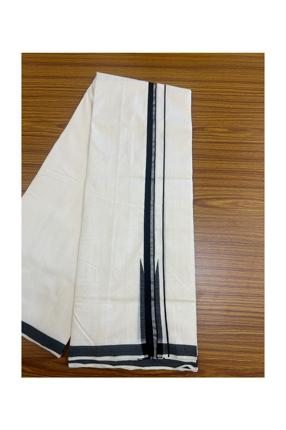25% DISCOUNT!! KaithariKada HANDLOOM UNAKKUPAAV Balaramapuram - 100% PURE Cotton OFF White - (Unbleached) Double Mundu/Dothi - 120(Twisted) x 100 - 1.5 inch Silver kasavu stripes Black Puliyilakkara chutty 3.80 meter (8.5 Muzham) - 23KK5167REA