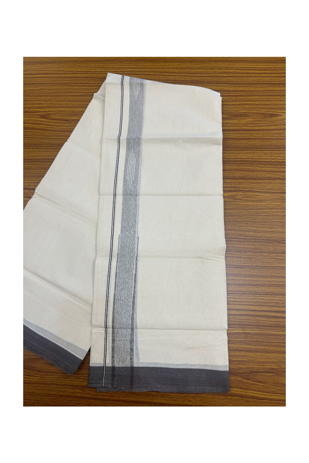 25% DISCOUNT! KaithariKada Balaramapuram Double OFF WHITE 100% Cotton Mundu/Dhoti - 100x80 - 1.25 inch Putta Design Dark brown shaded chutty kara - 6KK5174THI