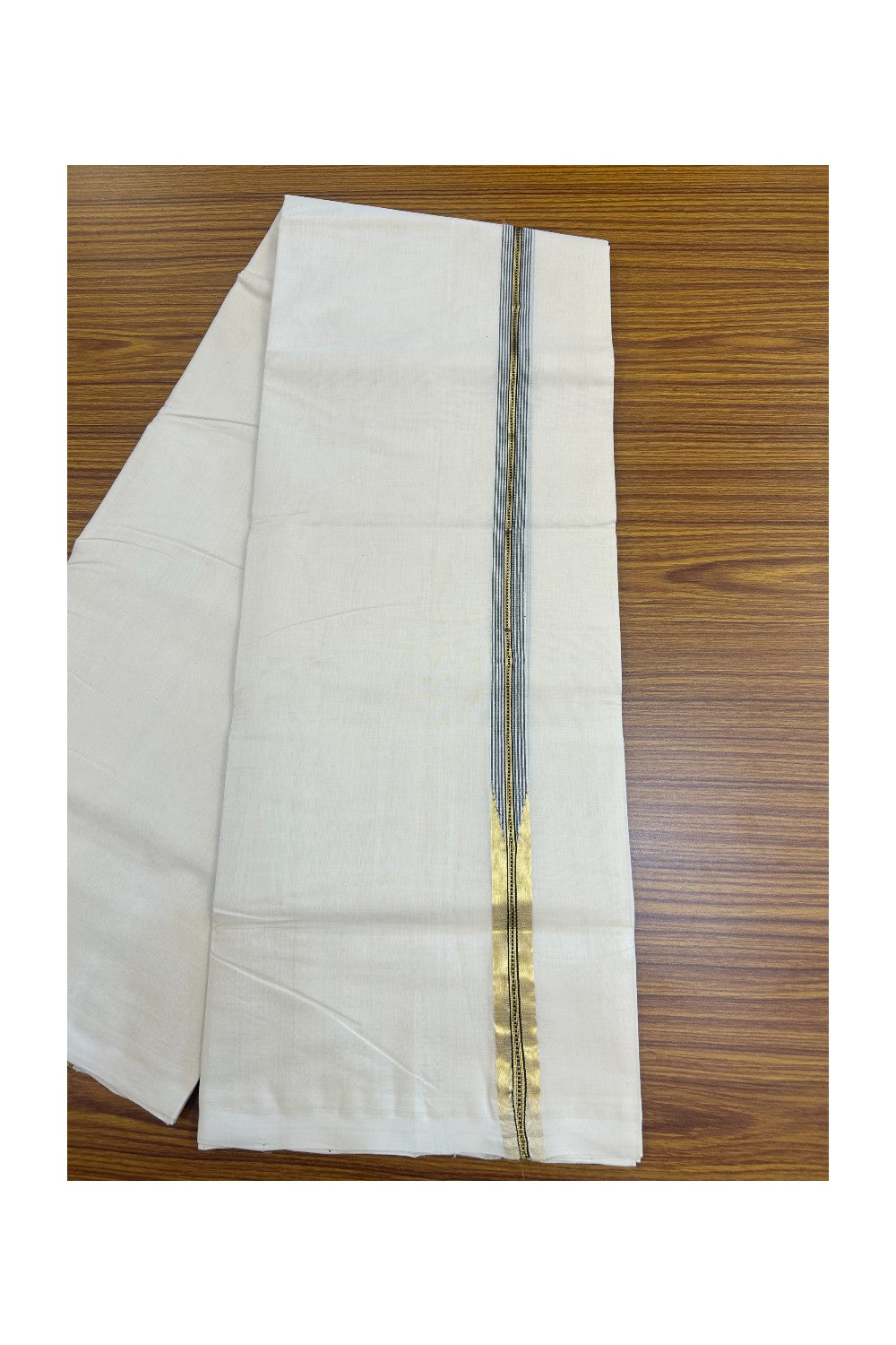 25% DISCOUNT!! KaithariKada HANDLOOM MILPAAV Balaramapuram - 100% PURE Cotton OFF White Double - (Unbleached) Mundu/Dothi - 100x100 - 2 cm Black striped Kasavu chutty Kara - 5KK5177RAM
