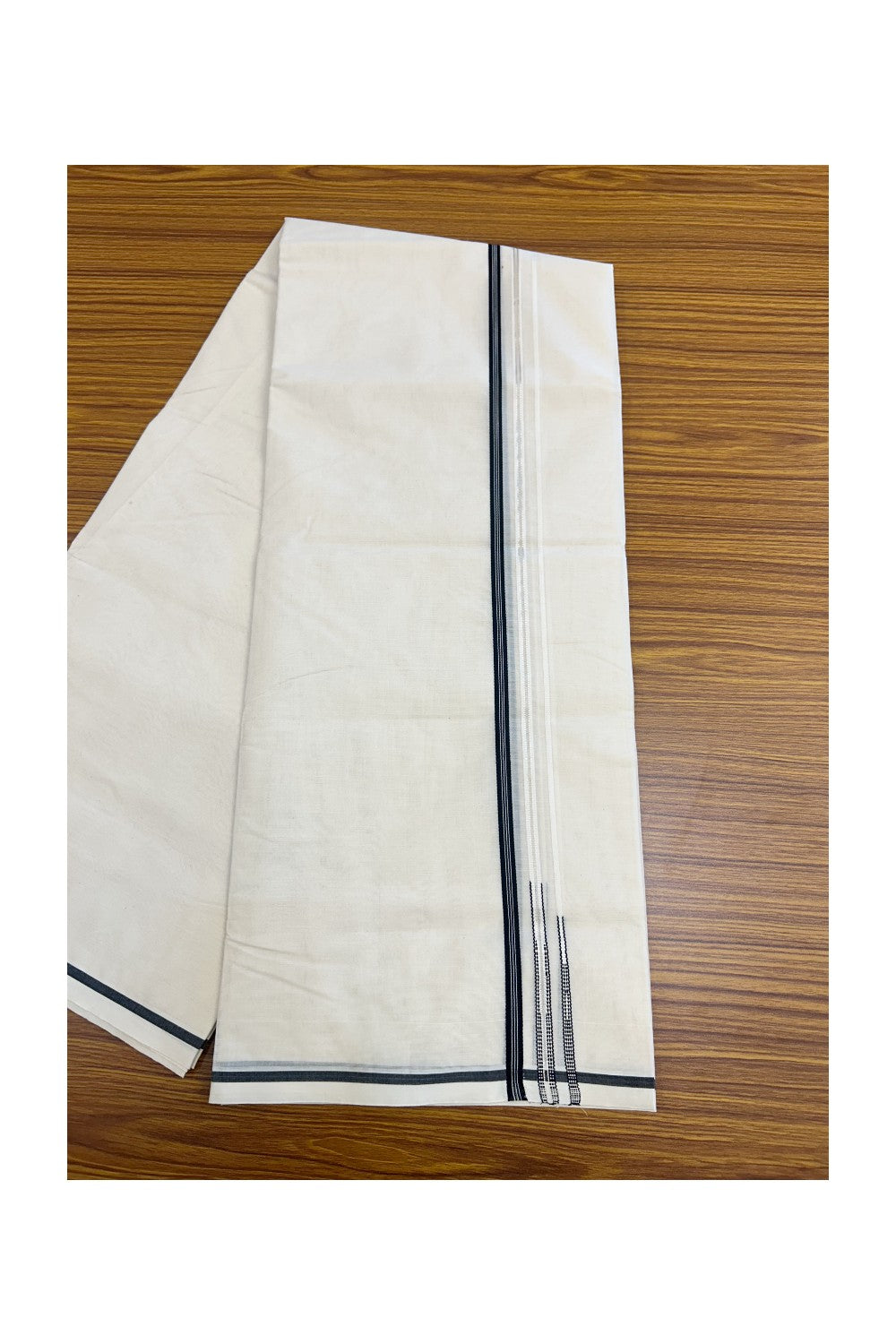 21% Discount! KaithariKada Balaramapuram 100% Cotton Off White - (Unbleached) - Double Mundu/Dhoti-100x100 - 1 cm Puliyilakkara Black & Silver Kasavu Striped Double Chutty Kara - 6KK5179ASH