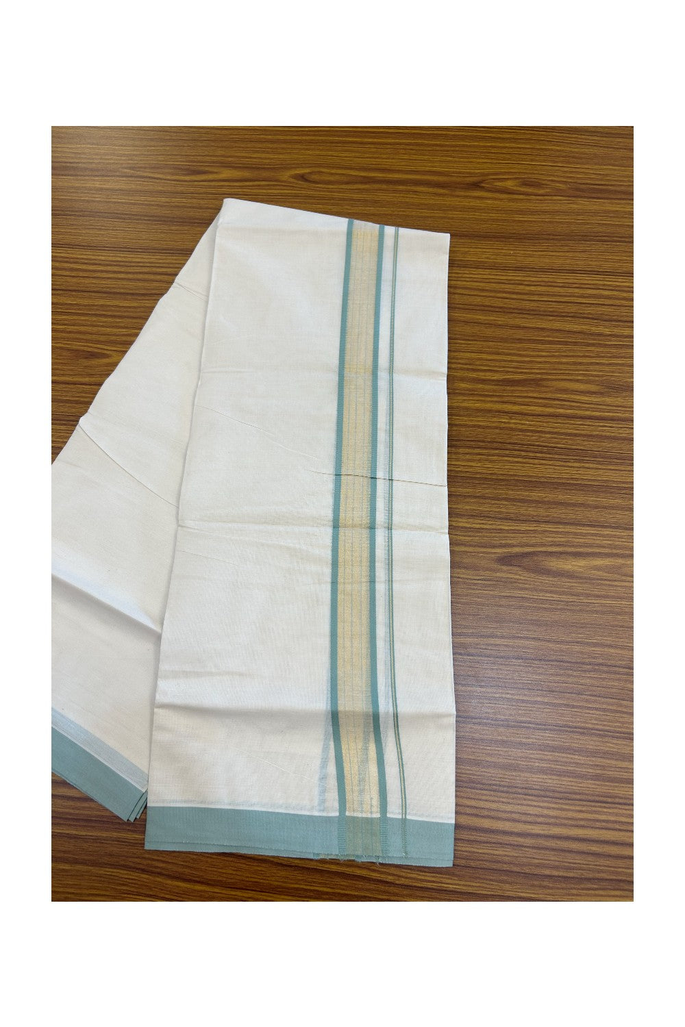 20% DISCOUNT! KaithariKada Balaramapuram Double OFF WHITE Mundu/Dhoti - 80x90 - 1.75 Inch Tissue Light Mint Green striped Kara - 6KK5182VAS