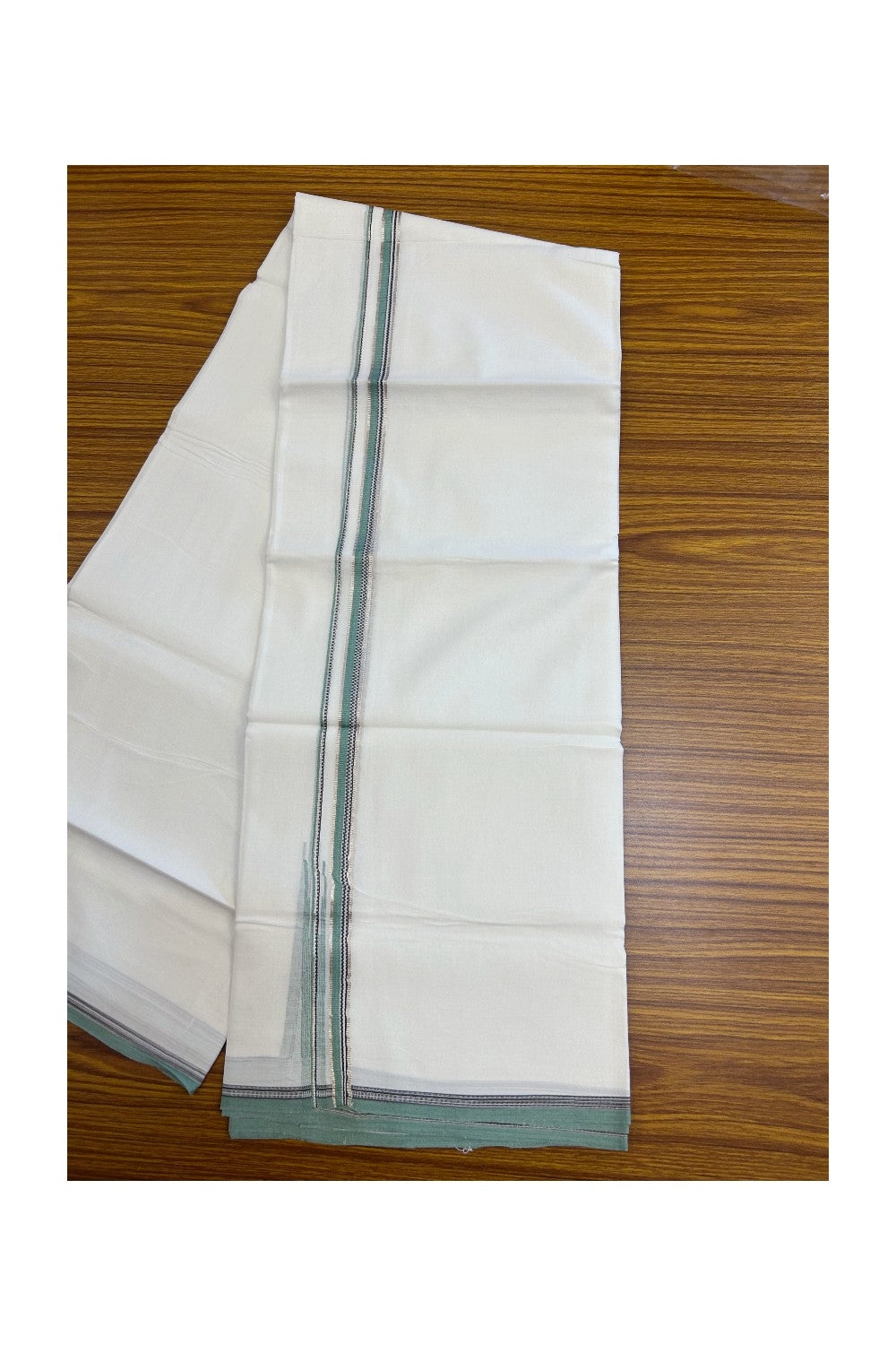 20% Discount !! Kaitharikada Balaramapuram 100% Cotton PURE WHITE DOUBLE Mundu/Dothi- 100X80 Thread - 0.5 inch - Silver Kasavu Black & Pista Green Design Chutty Kara - 6KK5184RAMS