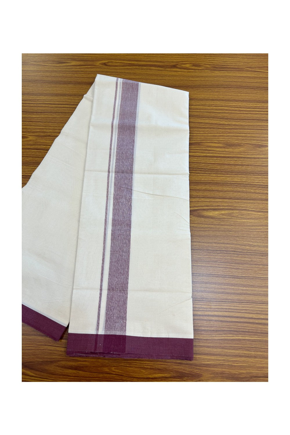 20% Discount ! Kaitharikada Balaramapuram 100% Cotton Double Off white (Unbleached) Mundu/Dhoti - 100x80 - 1.75 inch Grape Wine shaded Kara - 6KK5186CKS
