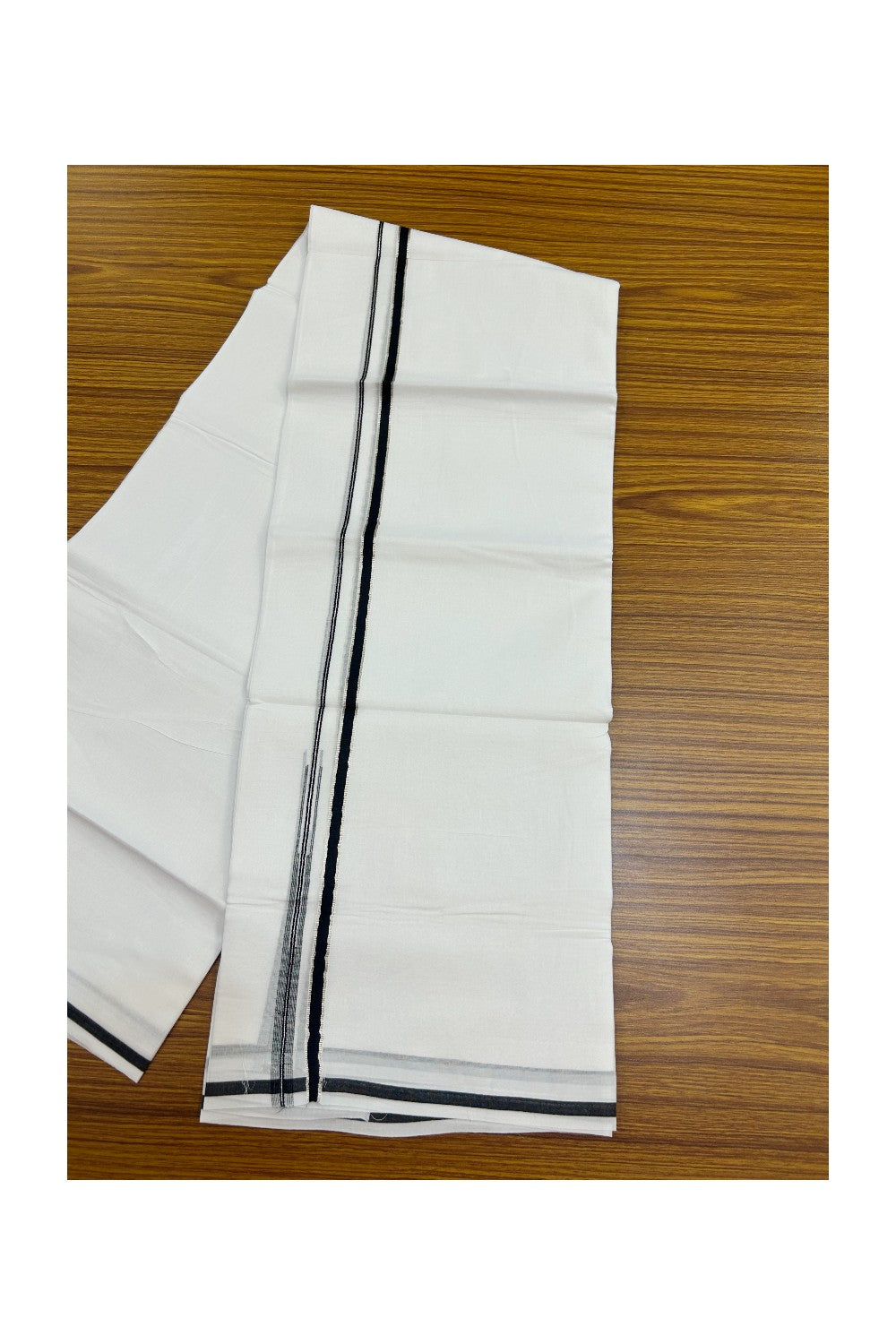 20% Discount !! Kaitharikada Balaramapuram 100% Cotton PURE WHITE Double Mundu/Dothi - 100x80 - 0.25 inch Silver Kasavu & Black Chutty Kara - 6KK5191CKS