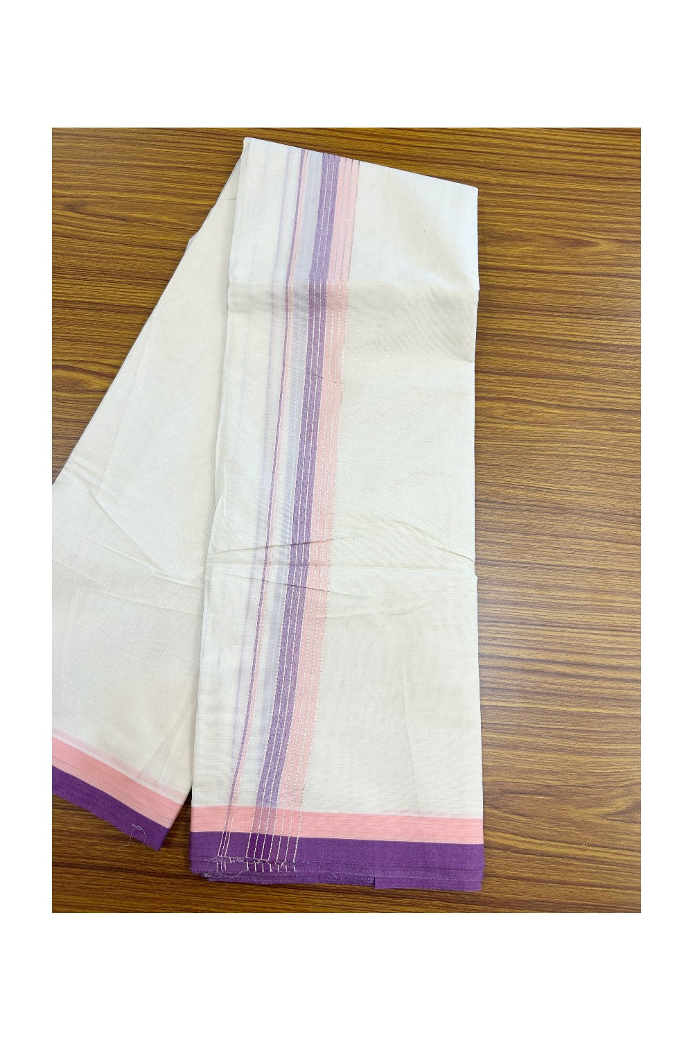 20% DISCOUNT! KaithariKada Cotton OFF White - 100x80 thread- NORTH INDIAN ATTACHED GAMCHA - 9X5 Dhoti - 1.5 inch Silver Kasavu Shaded Pink Peach & Violet Stripes Kara - 6KK5189PMC