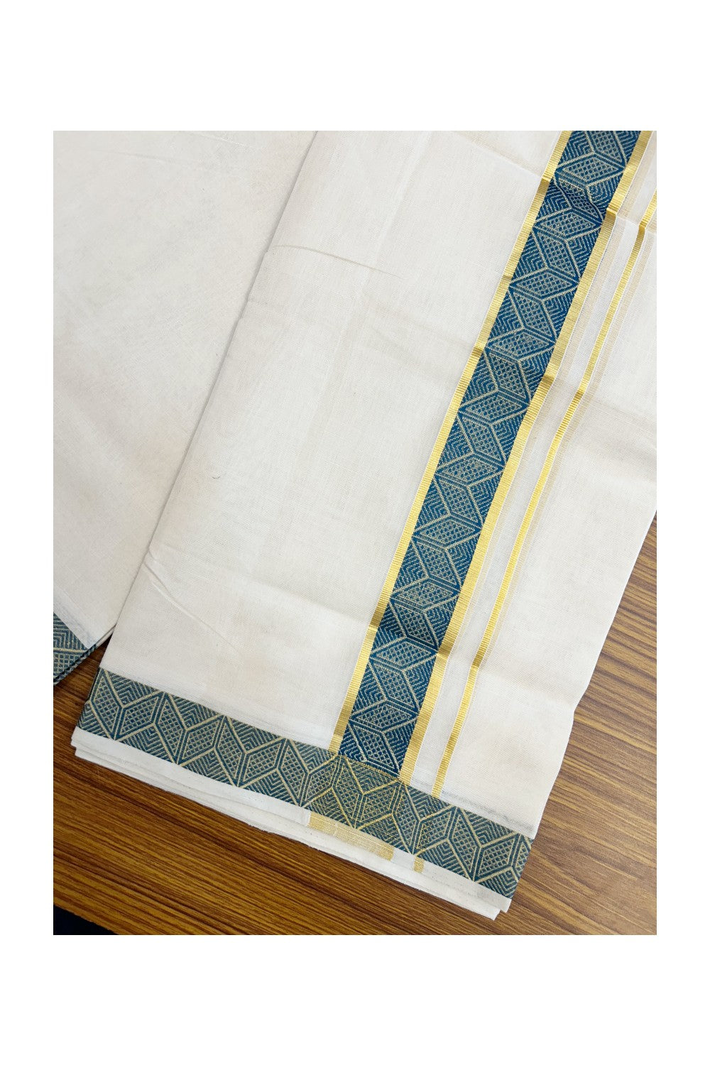25% DISCOUNT ! KaithariKada HANDLOOM Unakkupaav Balaramapuram - 100% PURE Cotton Off White - (Unbleached) Double Mundu/Dhoti - 1.75 inch Gold Kasavu & Peacock Green Jacquard Design Kara - 6KK5190ABH