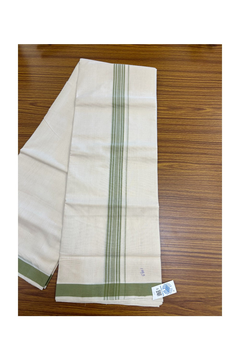 25% Discount KaithariKada HANDLOOM Unakkupaav Balaramapuram - 100% PURE Cotton off white (Unbleached) Double Mundu/Dhoti - 80X90 - 1.25 inch Light Green Stripes Kara 3.80 mtr - 6KK5192ELA