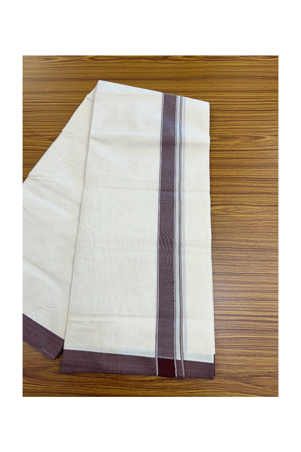 20% DISCOUNT ! KaithariKada 100% Cotton OFF WHITE (Unbleached) Double Dhoti/Mundu- 1.5 inch Brown Striped Kara 4.50 Meters (10 Muzham) - 6KK5203ASH
