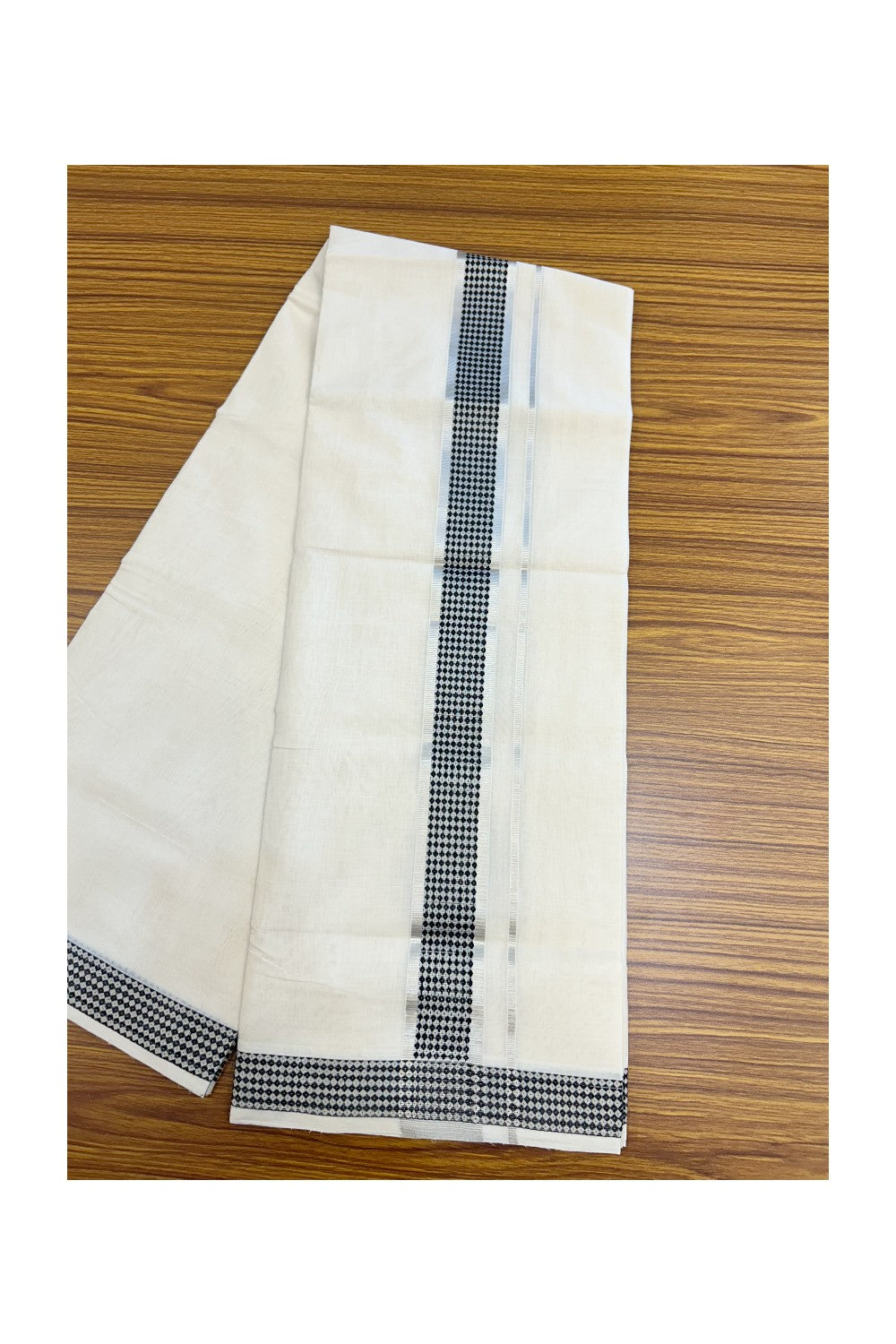25% DISCOUNT ! KaithariKada HANDLOOM Unakkupaav Balaramapuram - 100% PURE Cotton Off White - (Unbleached) Double Mundu/Dhoti - 2 inch Silver Kasavu & Black Jacquard Design Kara - 6KK5206 ABH