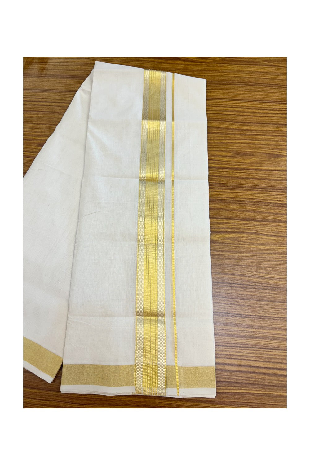 25% DISCOUNT ! KaithariKada HANDLOOM UNAKKUPAAV Balaramapuram - 100% PURE Cotton Off White - (Unbleached) Double Mundu/Dhoti - 2 inch Gold Kasavu & Silver Kasavu Striped Design Kara - 6KK5208ABH