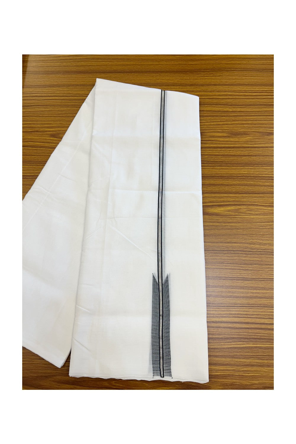 25% Discount!! NEW ULTRA PURE WHITE HANDLOOM Balaramapuram - 100% Mercerised Cotton Double Mundu/Dhoti - 120 twisted warp x 80s weft - 1.25 inch Puliyilakkara Silver Kasavu & Black Striped Chutty Kara- 6KK5209 REA