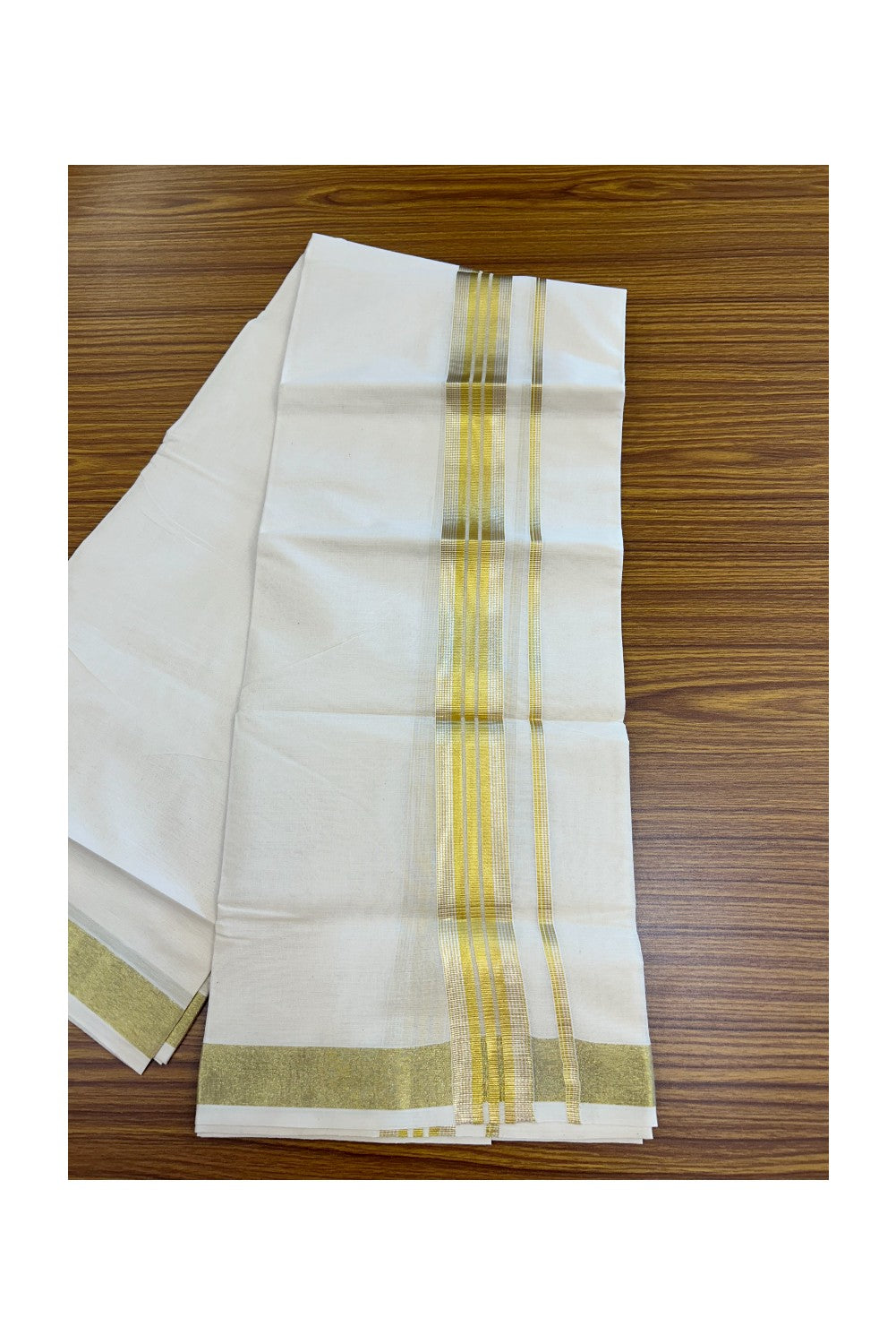 20% DISCOUNT ! KaithariKada Balaramapuram - 100% PURE Cotton Off White - (Unbleached) Double Mundu/Dhoti - 100X80 - 1.75 inch Gold Kasavu & Silver Kasavu Striped Kara - 6KK5212 VIN