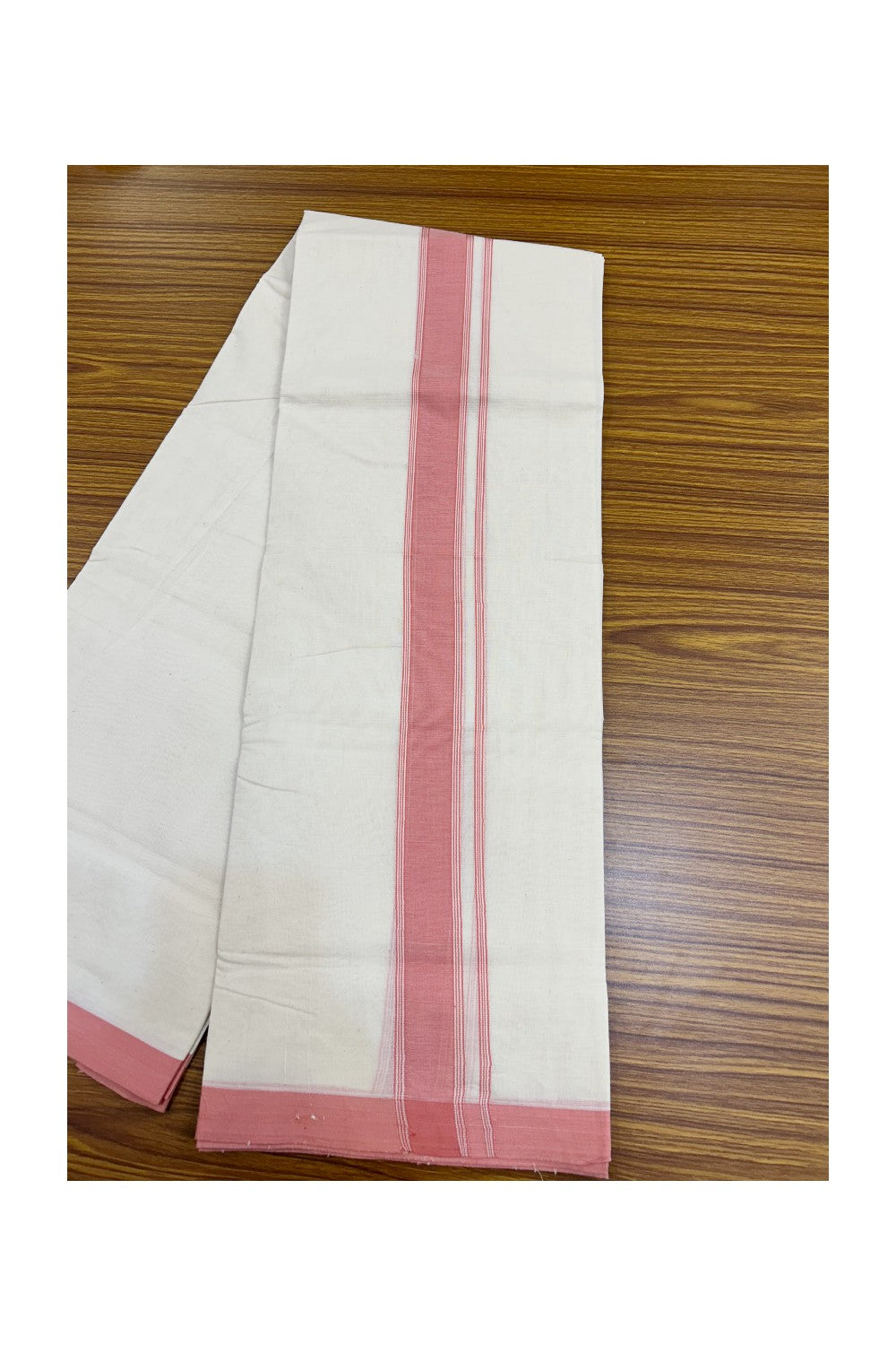 NEW !! 20% DISCOUNT!! KaithariKada Balaramapuram 100% Cotton Double Off white - (Unbleached) Mundu/Dhoti-100x80 - 1.5 inch Rose Pink Shaded Striped KARA - 3.75 mtr (8 Muzham) - 6KK5218 ASH