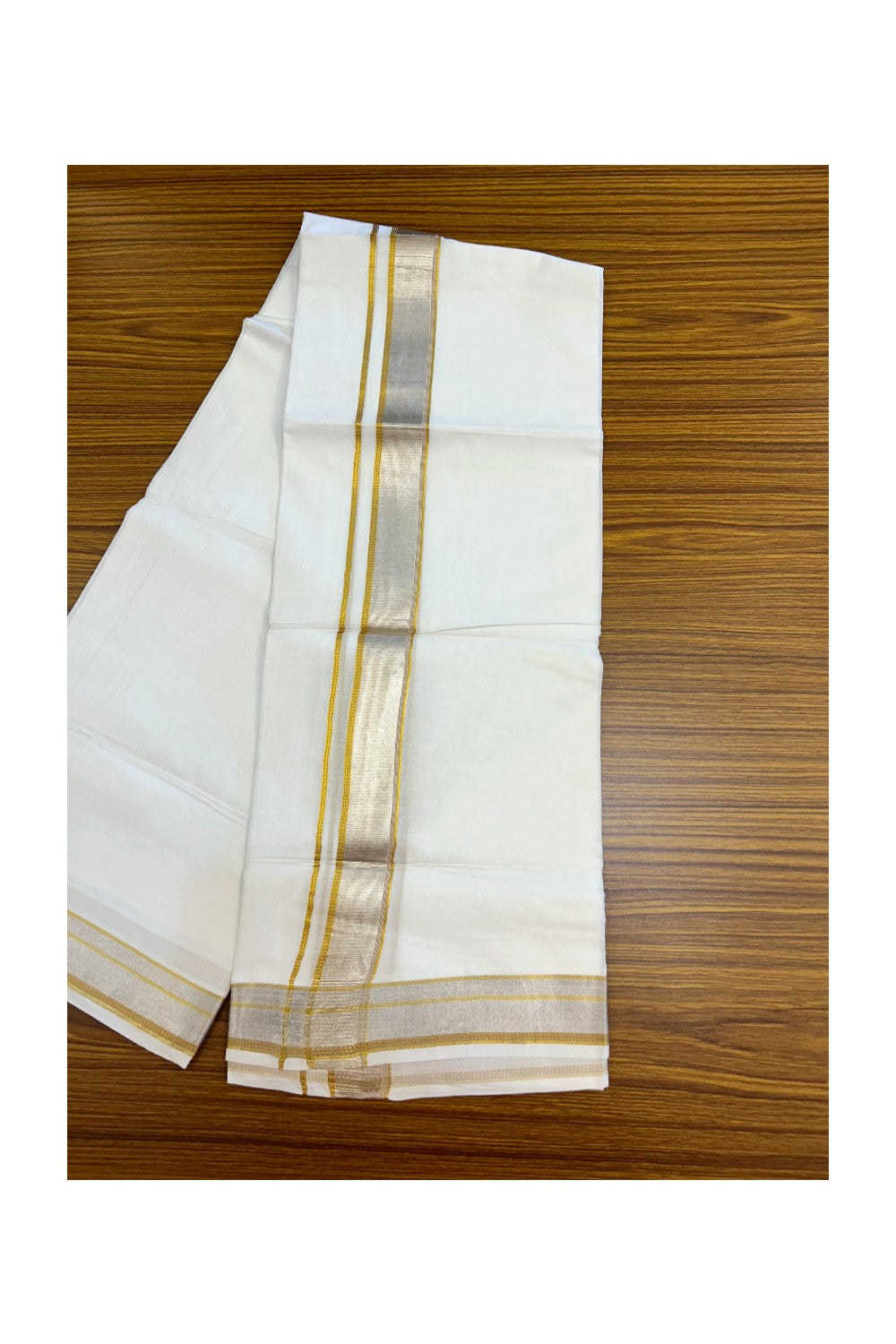17% DISCOUNT! KaithariKada Balaramapuram 100% Cotton Double PURE WHITE Mundu/Dhoti - 100x100 - 1.5 inch Brown Silver Kasav & Gold Kasavu Stripes Kara - 6KK5221 GAN